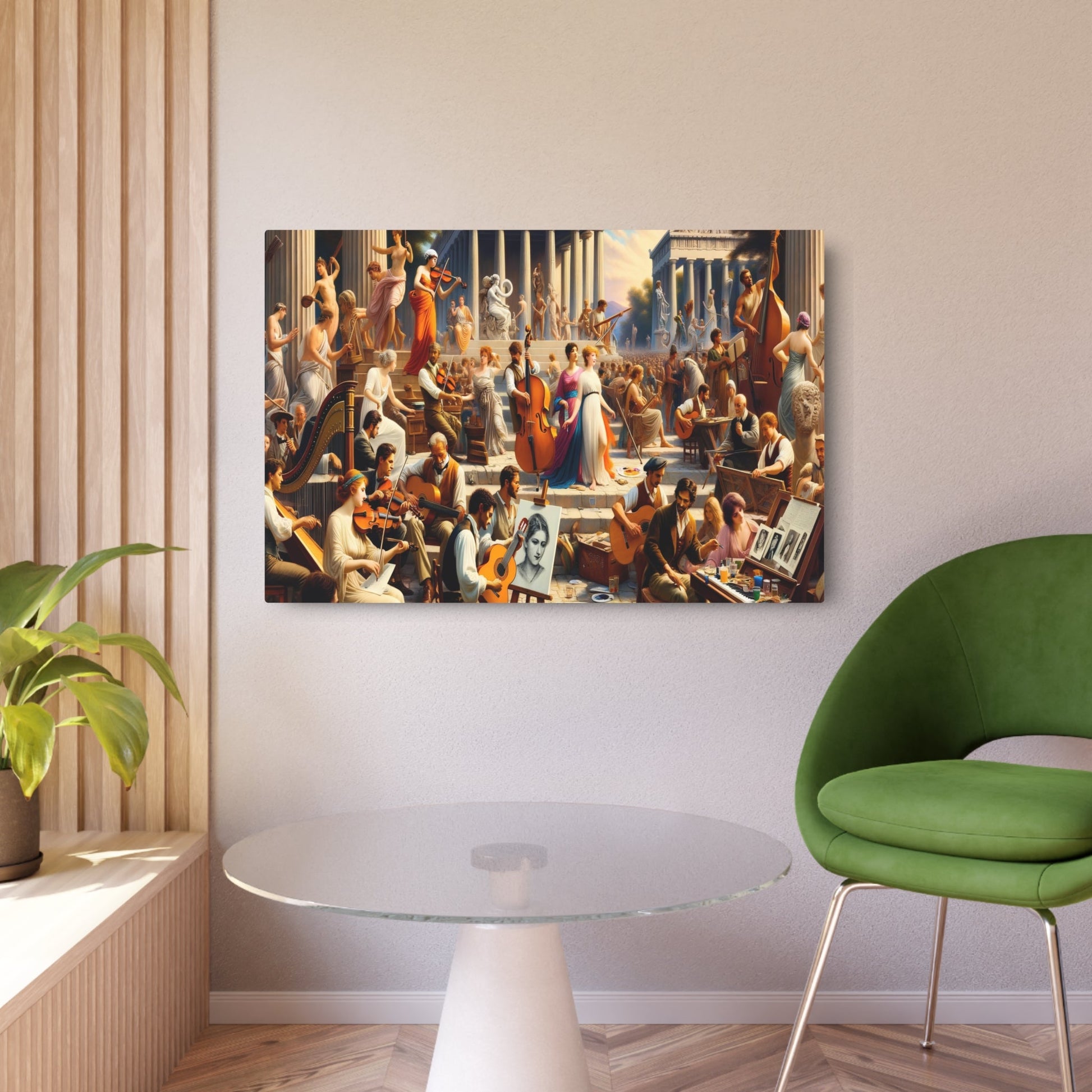 Metal Poster Art | "Neoclassical Art Festival Painting - Vibrant Western Art Styles Depicting Classical Music and Portrait Artists Amidst Greek and Roman Architecture" - Metal Poster Art 36″ x 24″ (Horizontal) 0.12''