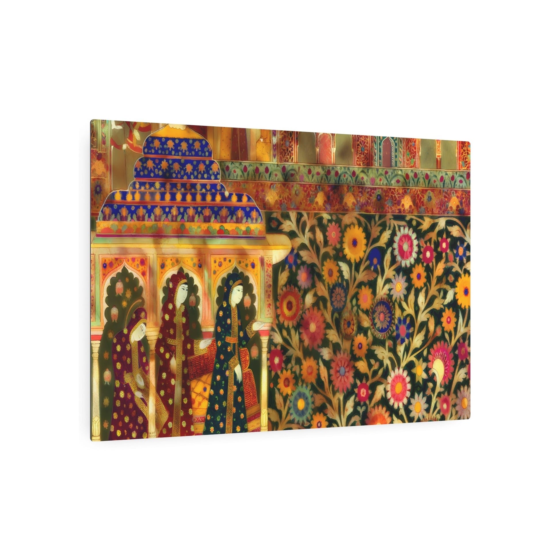 Metal Poster Art | "Mughal Miniature Painting in Vibrant Colors - Intricate South Asian Art with Floral Motifs, Detailed Architecture and Traditional Mughal Attire - Metal Poster Art 36″ x 24″ (Horizontal) 0.12''