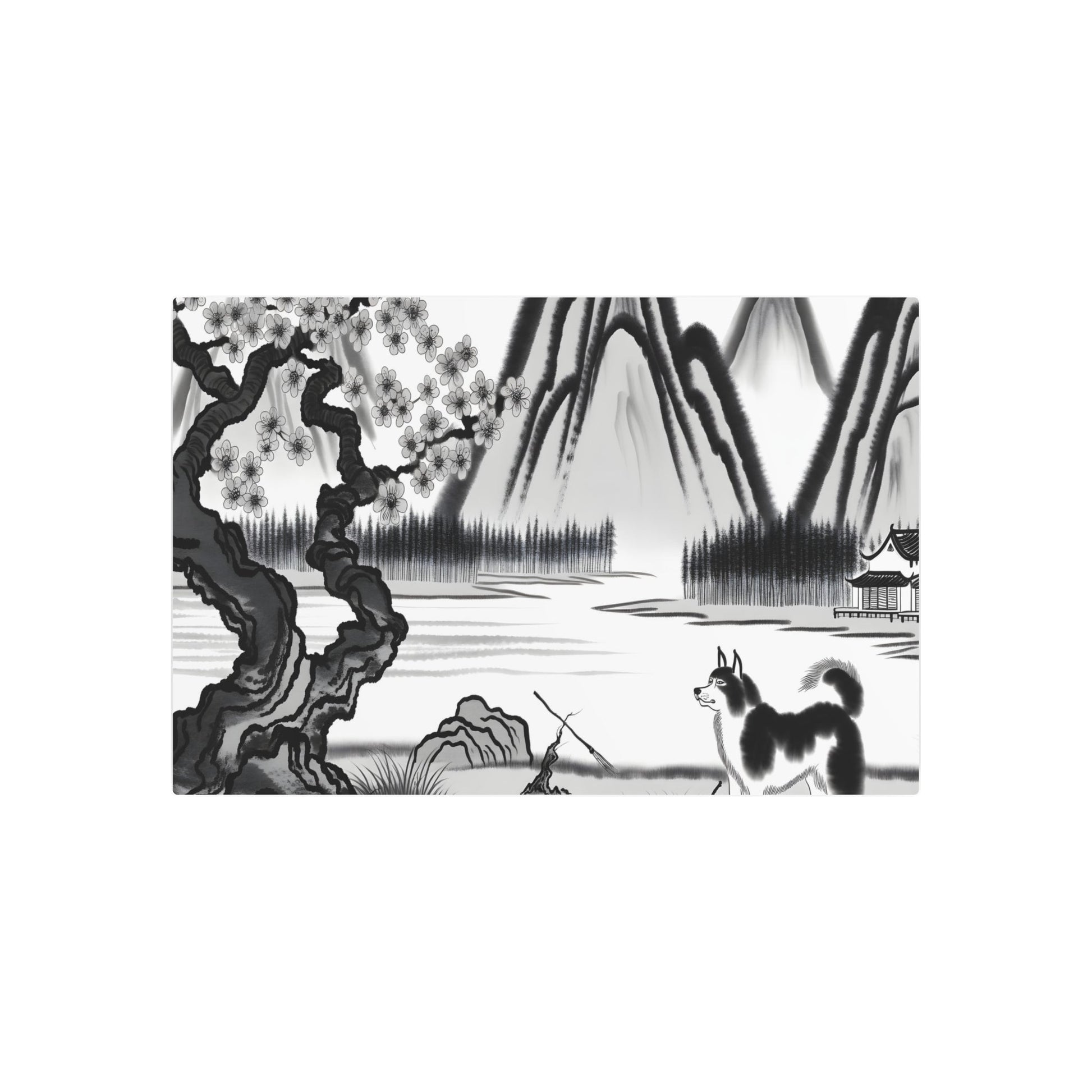 Metal Poster Art | "Traditional Chinese Landscape Ink-Wash Painting – Serene Mountains, Blossoming Cherry Tree and Ancient Dog Breed in Contemplative Pose - Asian Art Styles - Metal Poster Art 36″ x 24″ (Horizontal) 0.12''