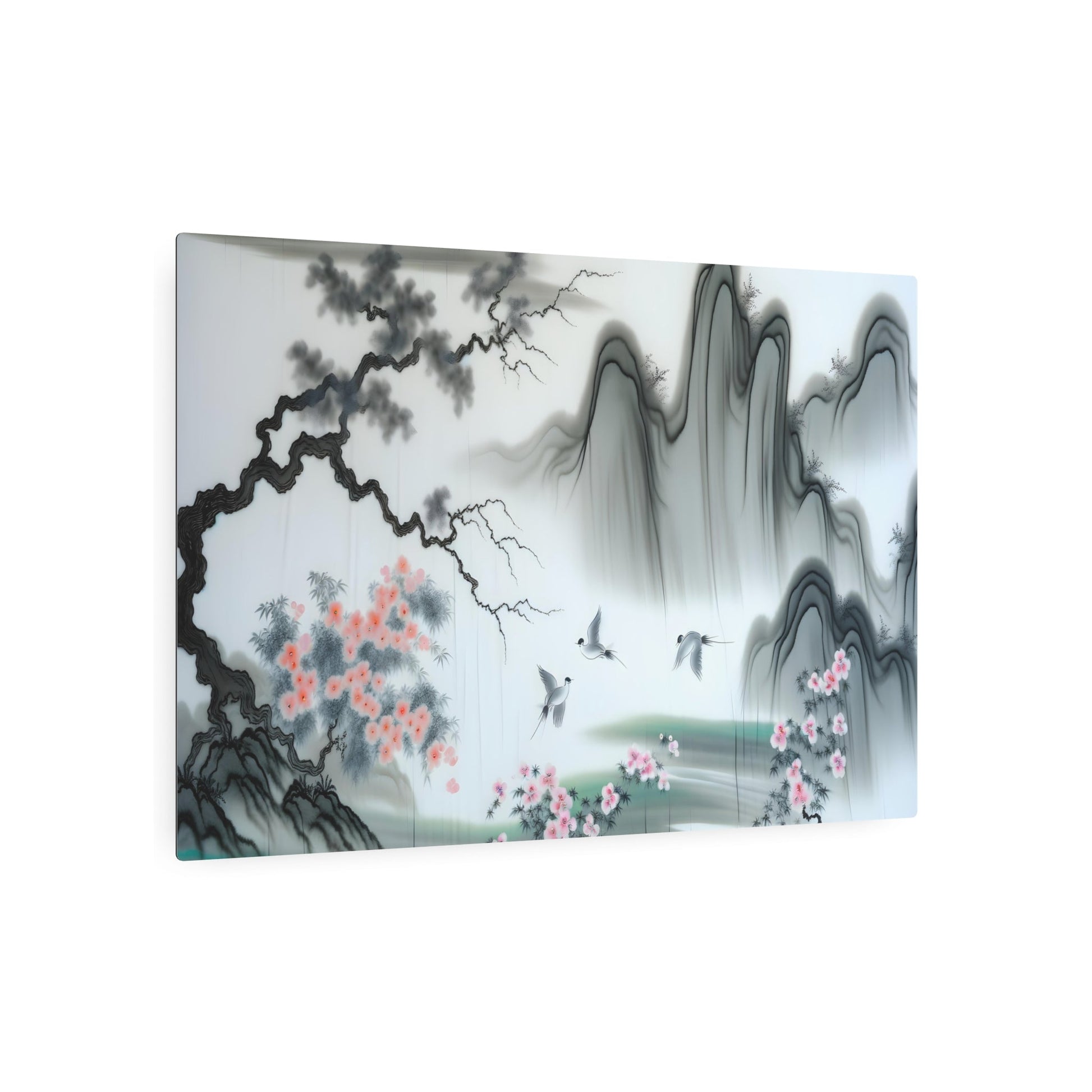 Metal Poster Art | "Traditional Chinese Silk Painting: Vibrant Landscapes and Delicate Flora in Elegant Muted Tones - Asian Art Styles" - Metal Poster Art 36″ x 24″ (Horizontal) 0.12''