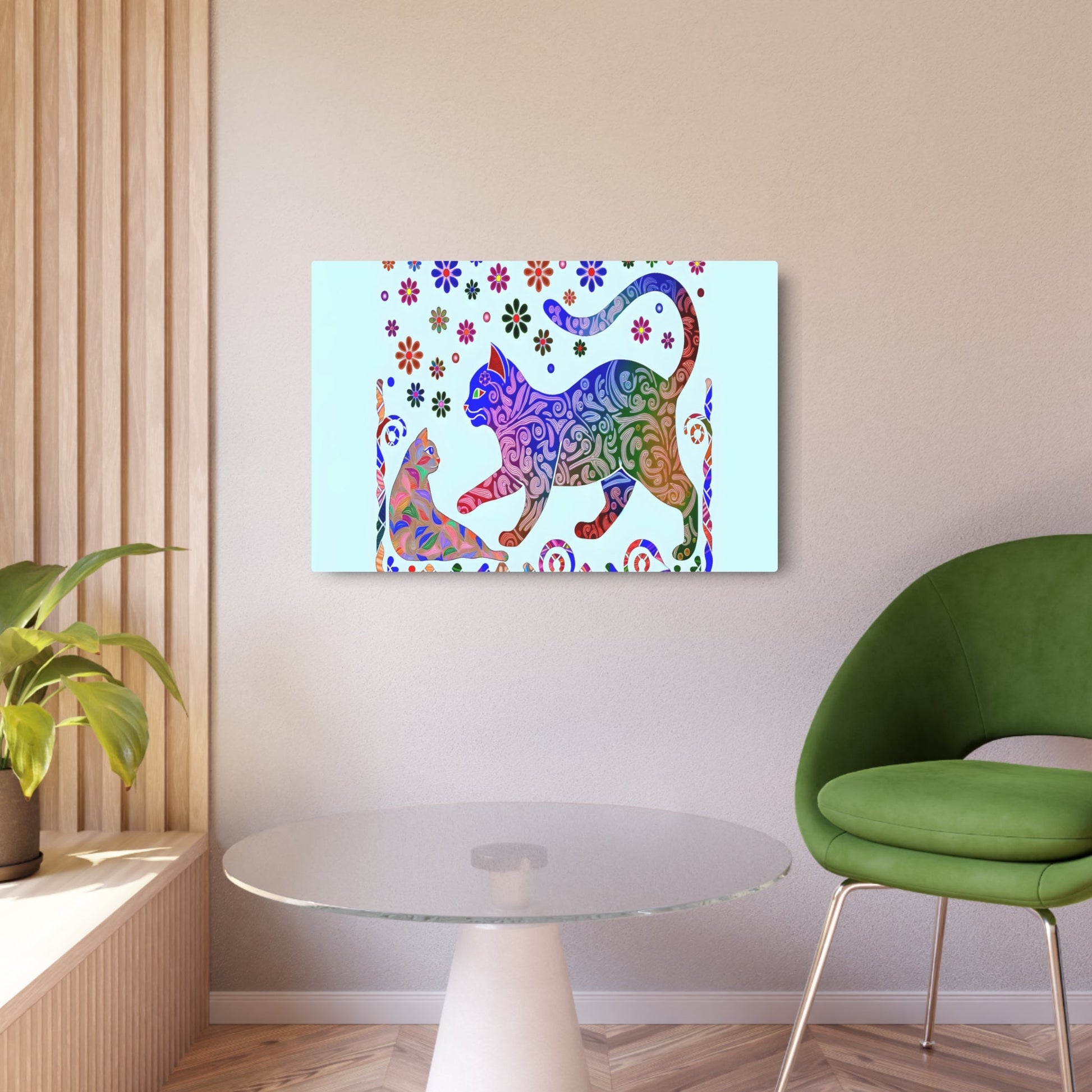 Metal Poster Art | "Indonesian Batik-Style Artwork with Vibrant Colors and Intricate Patterns Featuring Playful Cat - Non-Western & Global Styles Art - Metal Poster Art 36″ x 24″ (Horizontal) 0.12''
