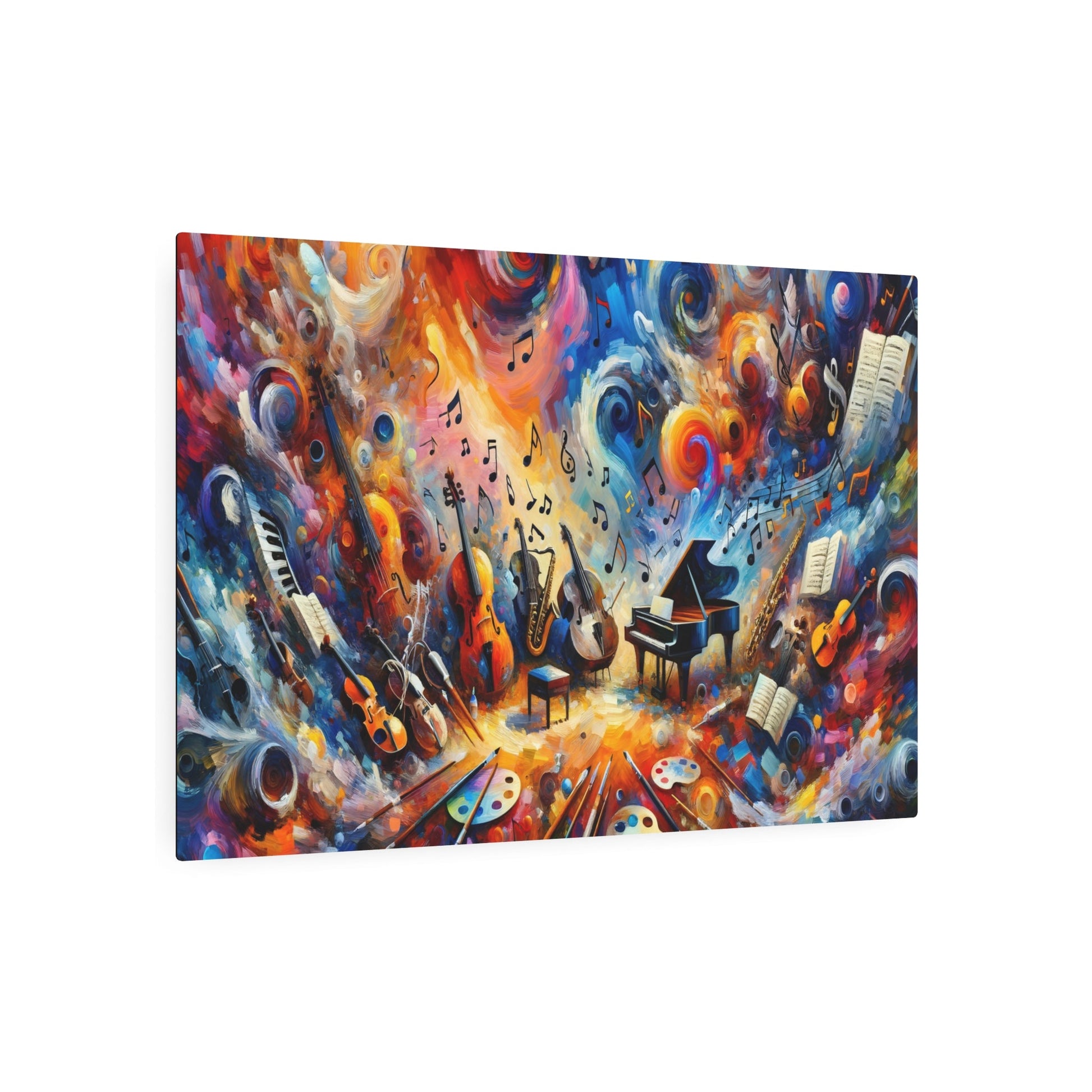 Metal Poster Art | "Modern Abstract Expressionism Art - Vibrant Symphony of Music and Art - Contemporary Style Grand Piano, Violin, Saxophone Musical Elements Canvas Print" - Metal Poster Art 36″ x 24″ (Horizontal) 0.12''