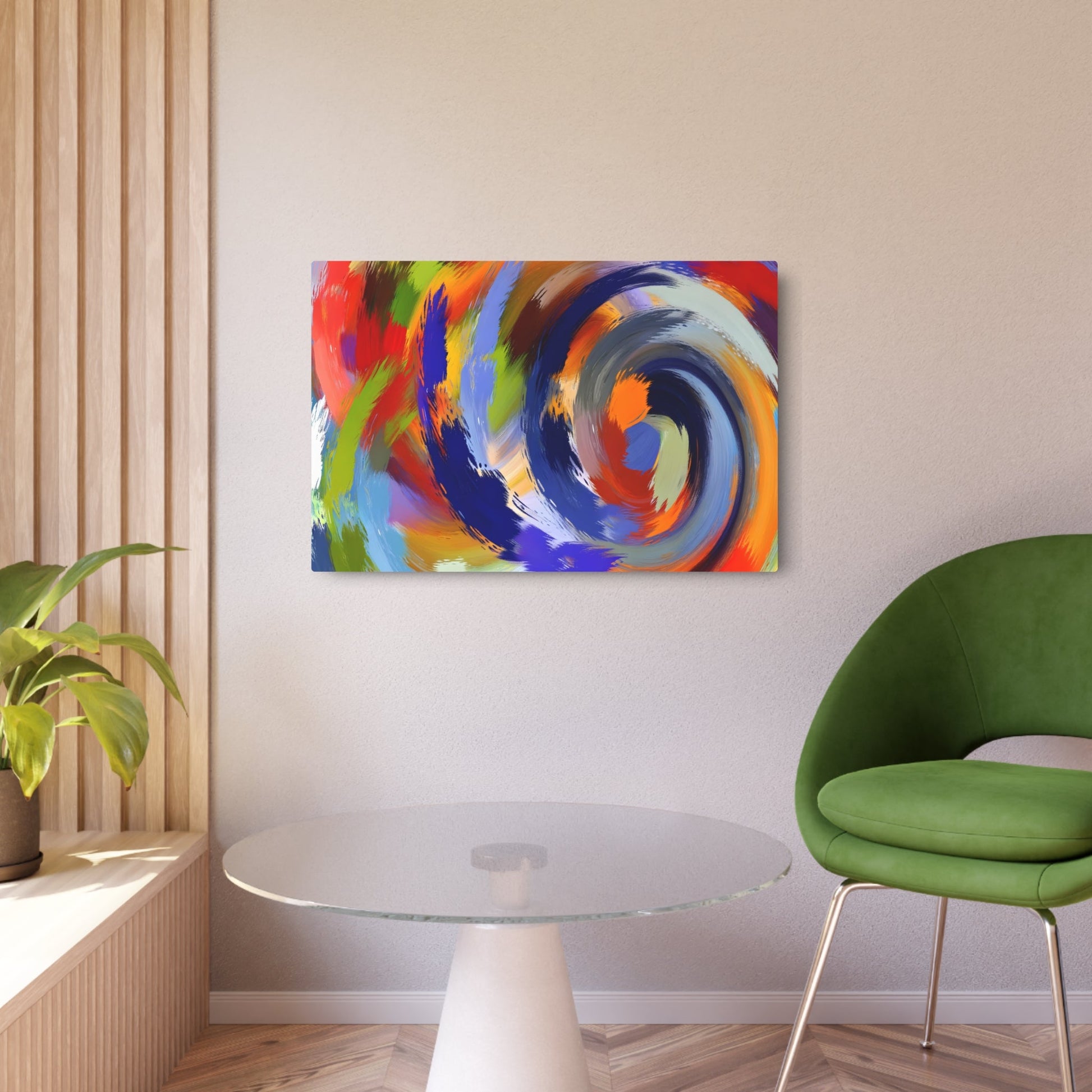 Metal Poster Art | "Modern Abstract Expressionism Artwork: Vibrant Color Swirls, Dynamic Energy and Emotion, Non-Linear Shapes in Cool & Warm T - Metal Poster Art 36″ x 24″ (Horizontal) 0.12''