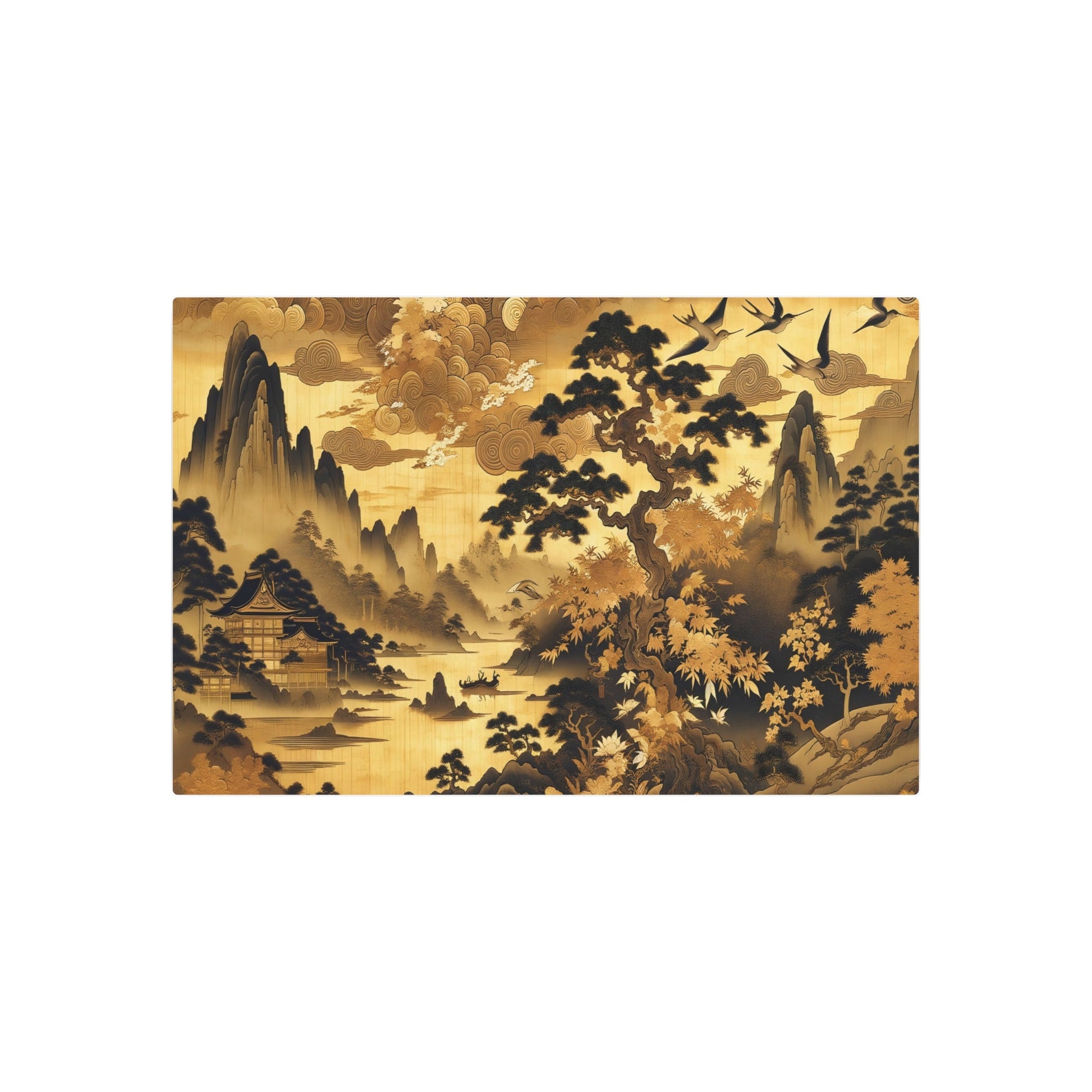 Metal Poster Art | "Exquisite Kano School Japanese Art Print - Asian Art Styles Collection - Featuring Golden Clouds, Landscapes, Birds & Animals with Rich Mon - Metal Poster Art 36″ x 24″ (Horizontal) 0.12''