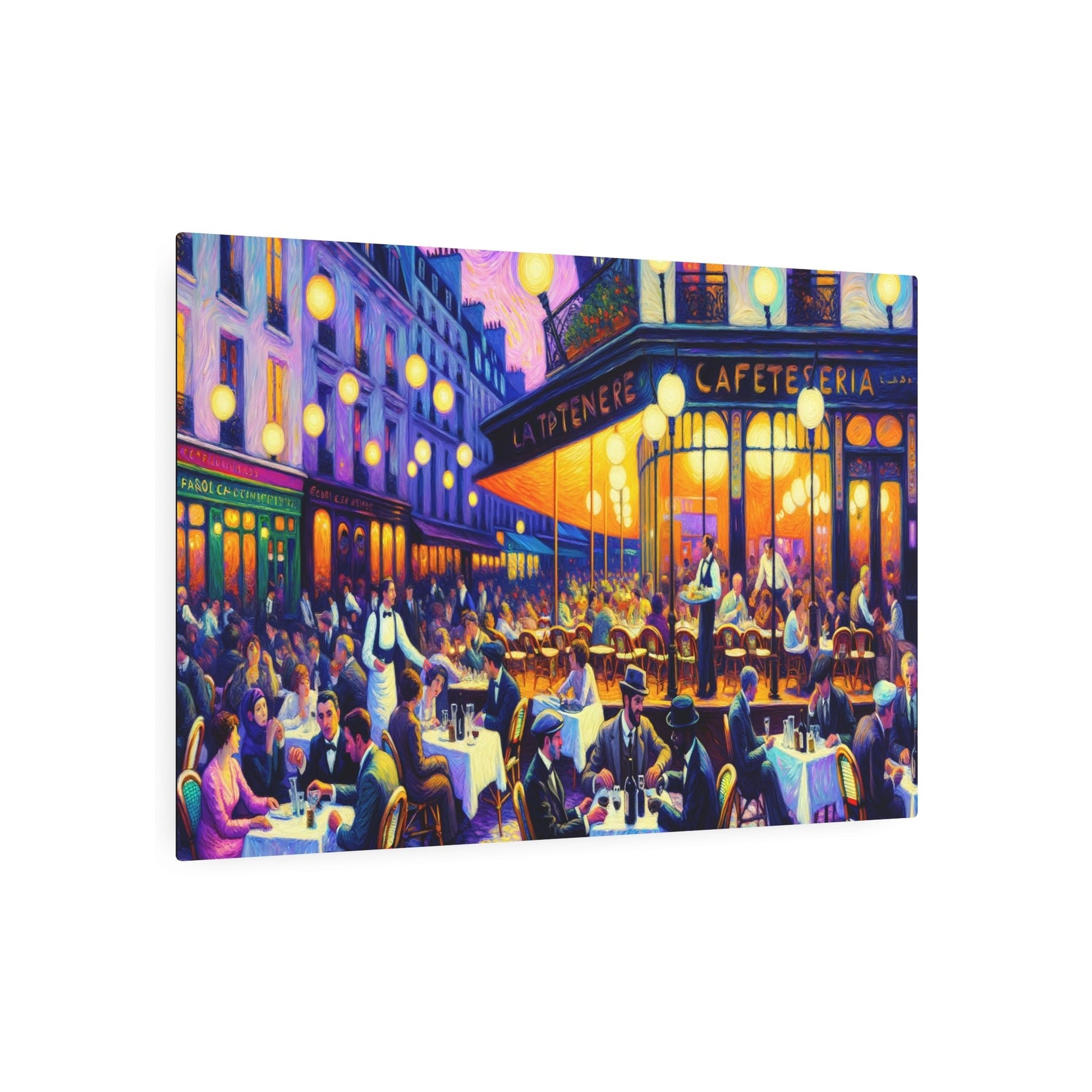 Metal Poster Art | "Post - Impressionist Evening in Paris Cafe Scene - Vibrant Western Art Style Using Distinctive Brush Strokes" - Metal Poster Art 36″ x 24″ (Horizontal) 0.12''