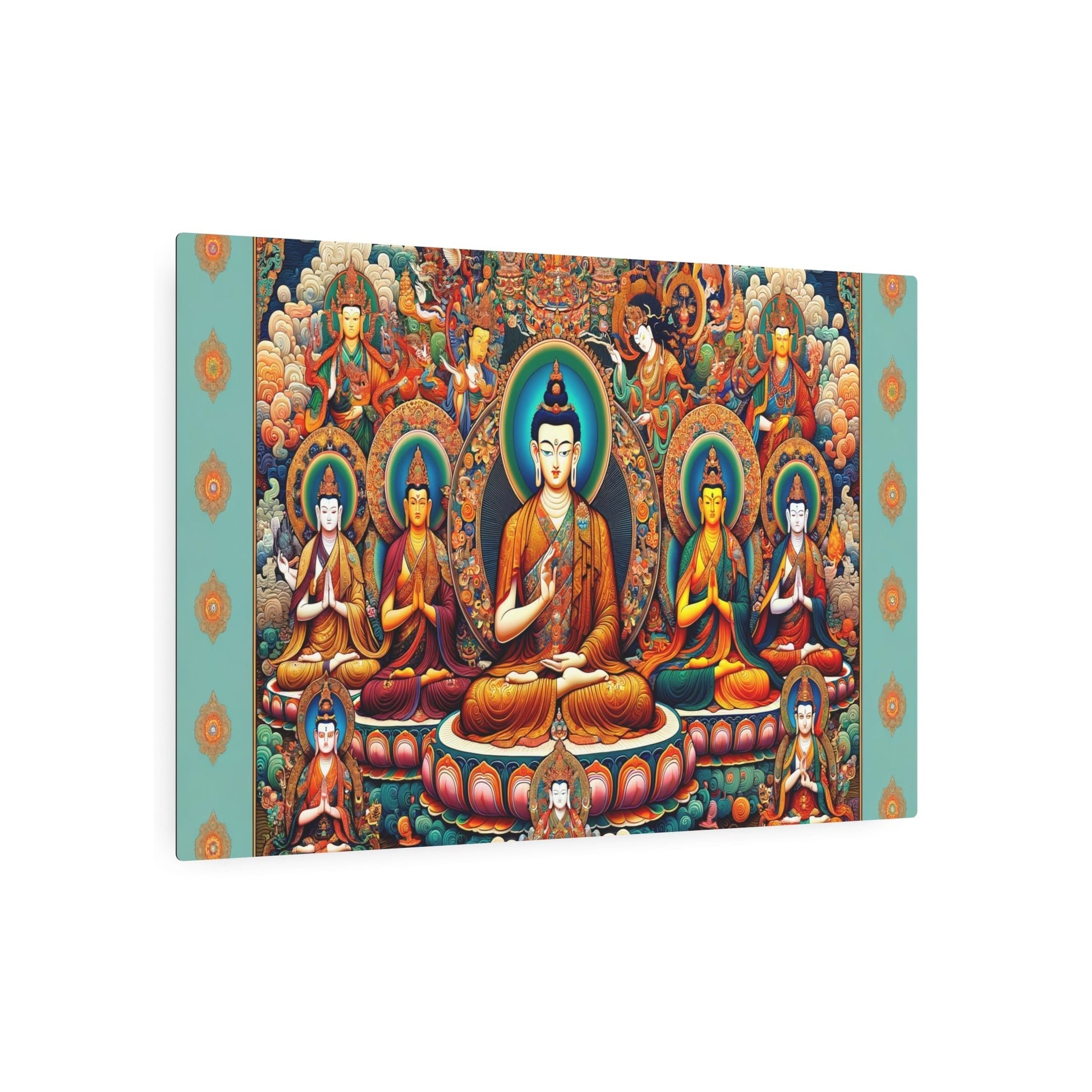 Metal Poster Art | "Intricate Tibetan Thangka Painting: Vibrant Depictions of Buddha, Bodhisattvas, and Sacred Mandalas in Traditional Asian Art Style - Metal Poster Art 36″ x 24″ (Horizontal) 0.12''