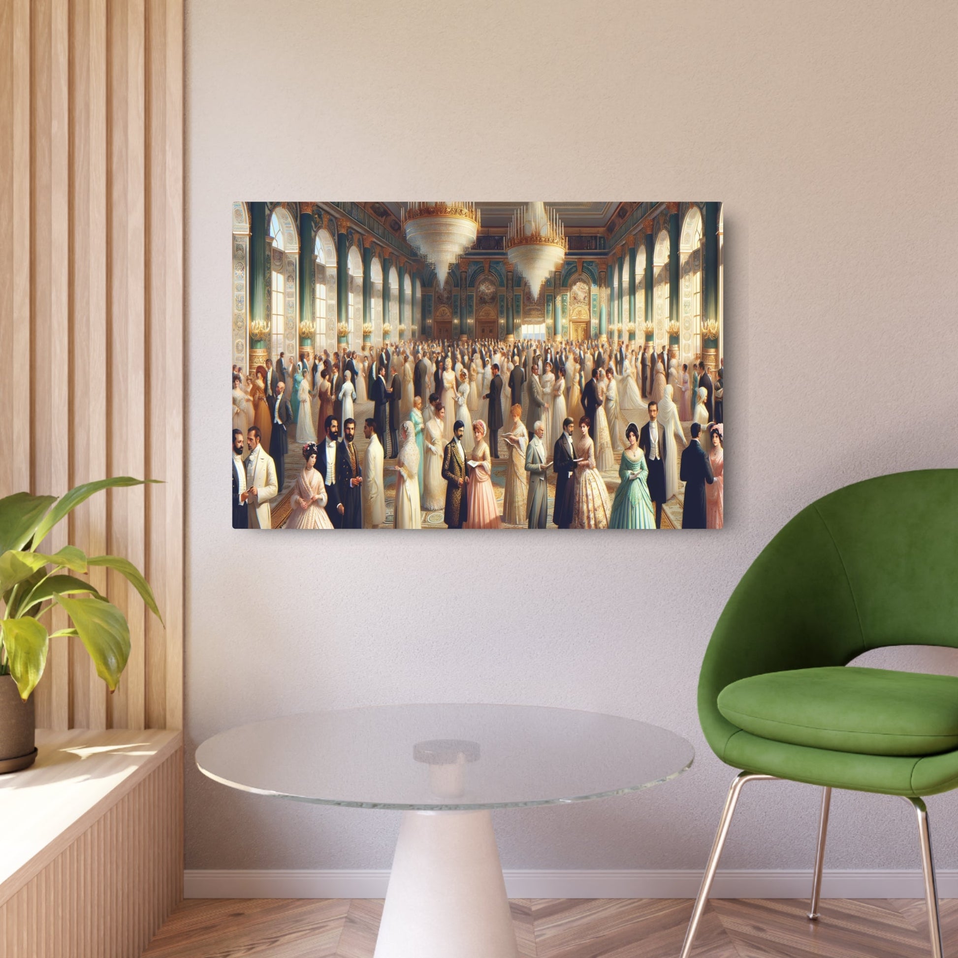 Metal Poster Art | "Luxurious Rococo Art Style Ballroom Scene with Silk Dresses and Detailed Suits - Western Art Styles Collection" - Metal Poster Art 36″ x 24″ (Horizontal) 0.12''