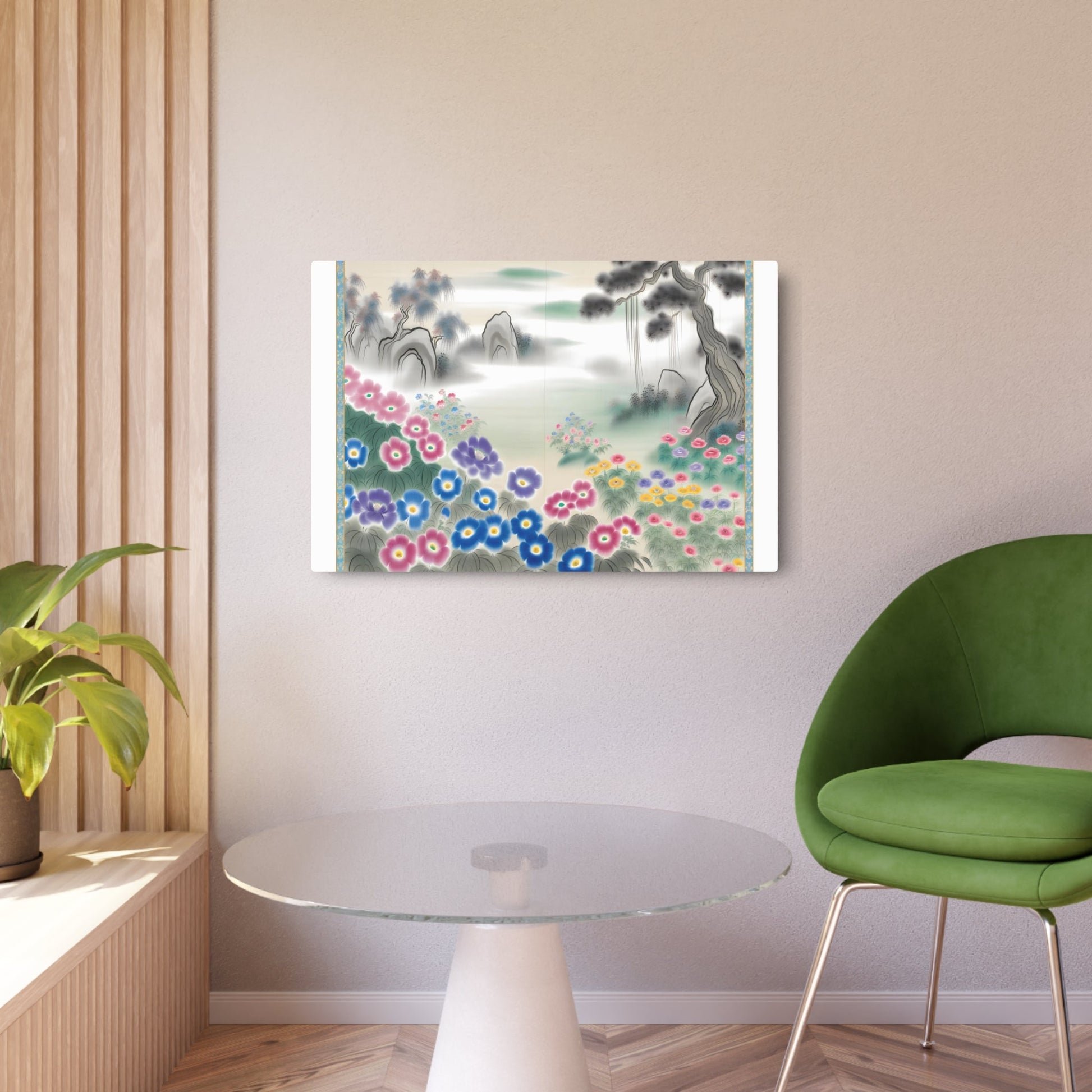 Metal Poster Art | "Tranquil Chinese Silk Painting: Vibrant Floral Garden Artwork in Traditional Asian Style - Peaceful Harmony in Brushstrokes and Soft Tones - Metal Poster Art 36″ x 24″ (Horizontal) 0.12''