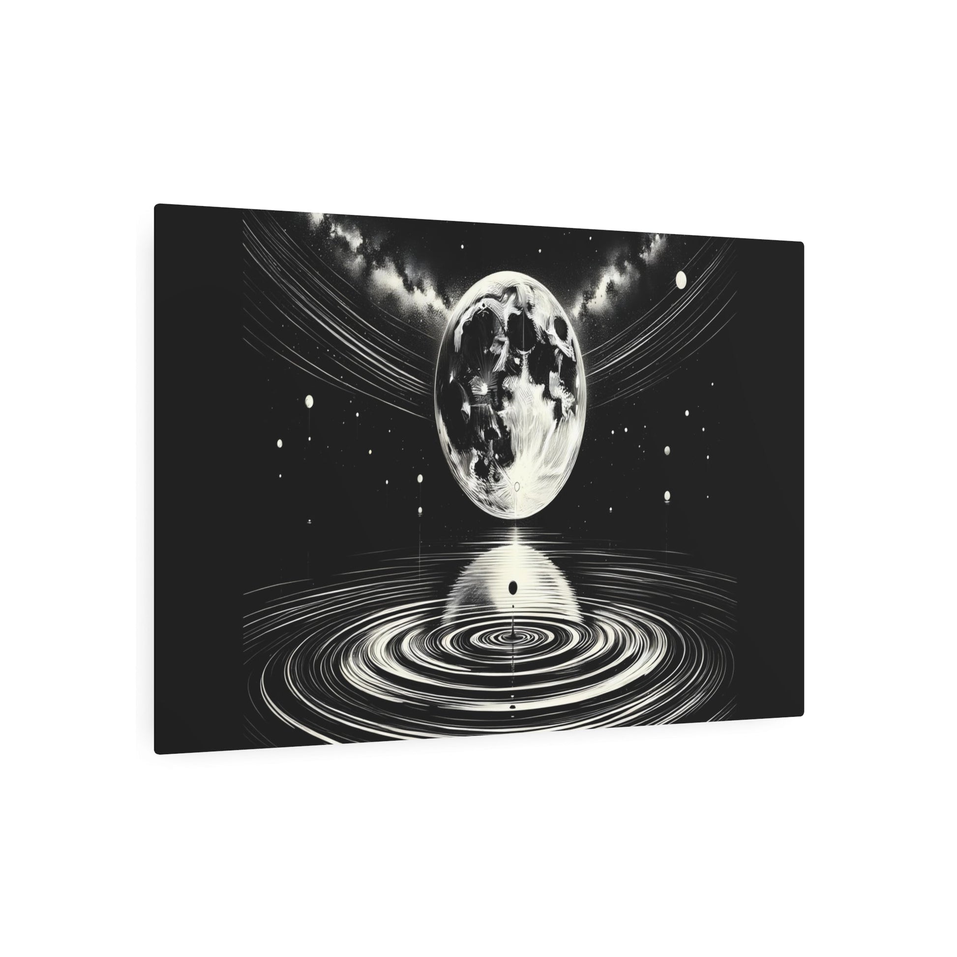 Metal Poster Art | "Sumi - e Artistic Masterpiece: Celestial Body Theme with Majestic Full Moon, Tranquil Cosmic Lake and Iconic Planets - Asian - Metal Poster Art 36″ x 24″ (Horizontal) 0.12''