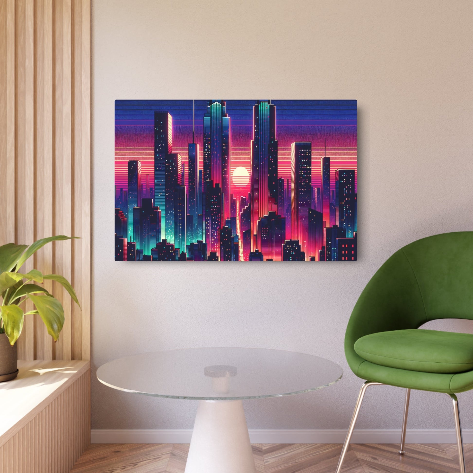 Metal Poster Art | "Digital Art - Vibrant Neon Lights in Modern Sunset Cityscape, Contemporary Style" - Metal Poster Art 36″ x 24″ (Horizontal) 0.12''