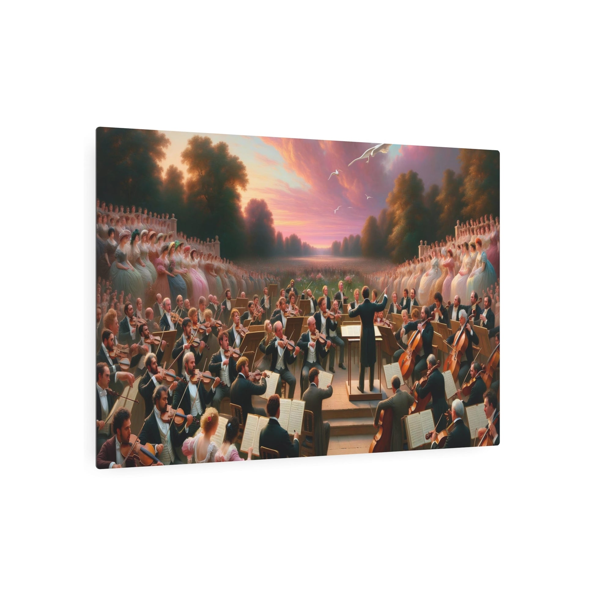 Metal Poster Art | "Romanticism Era Symphony Under Pastel - Pink Sunset - 19th Century Western Art Scene with Orchestra, Grand Piano & Famous Painters" - Metal Poster Art 36″ x 24″ (Horizontal) 0.12''