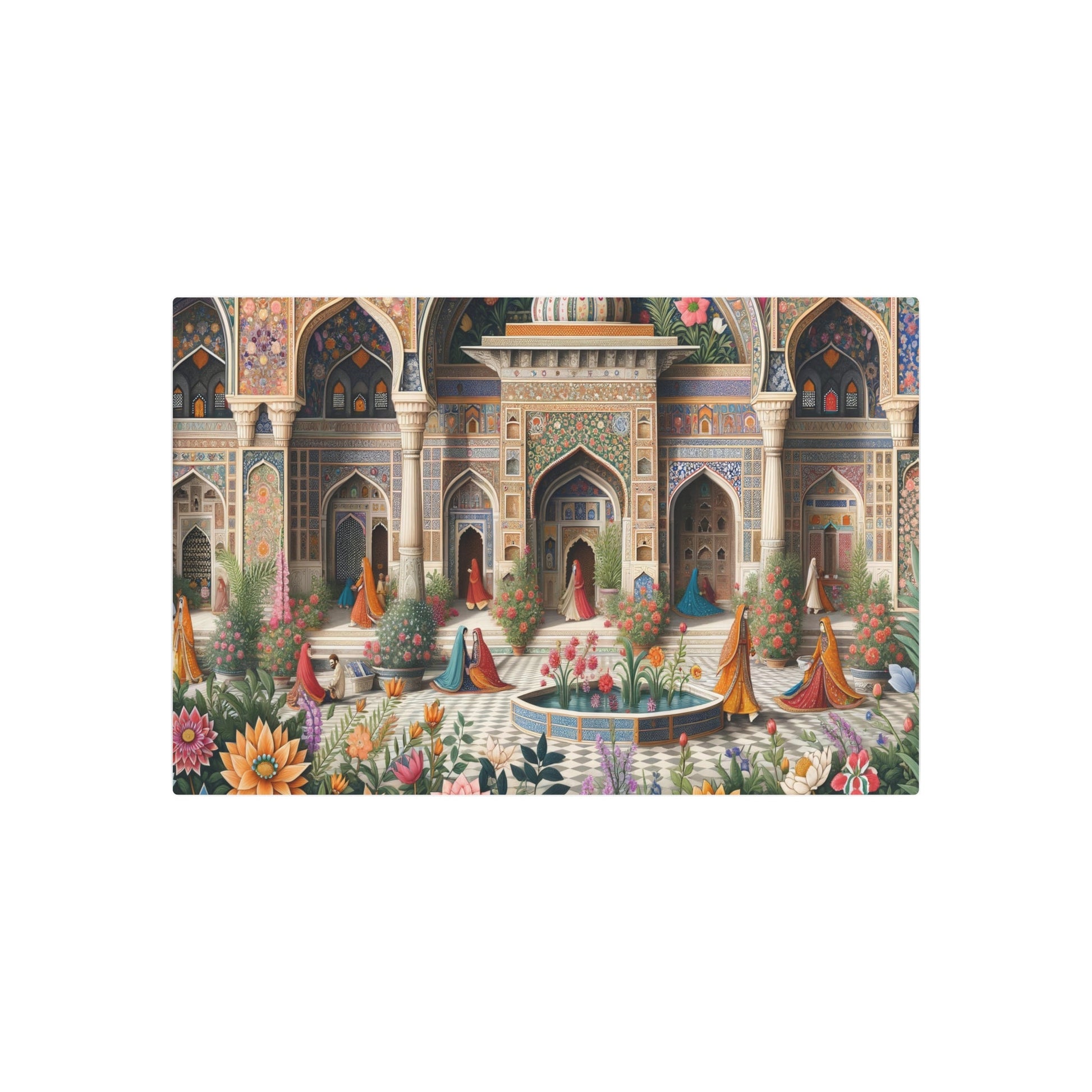 Metal Poster Art | "Mughal Era Masterpiece: Lavish Gardens, Courtyards & Traditional Attire - Intricate South Asian Mughal Miniature Art in - Metal Poster Art 36″ x 24″ (Horizontal) 0.12''