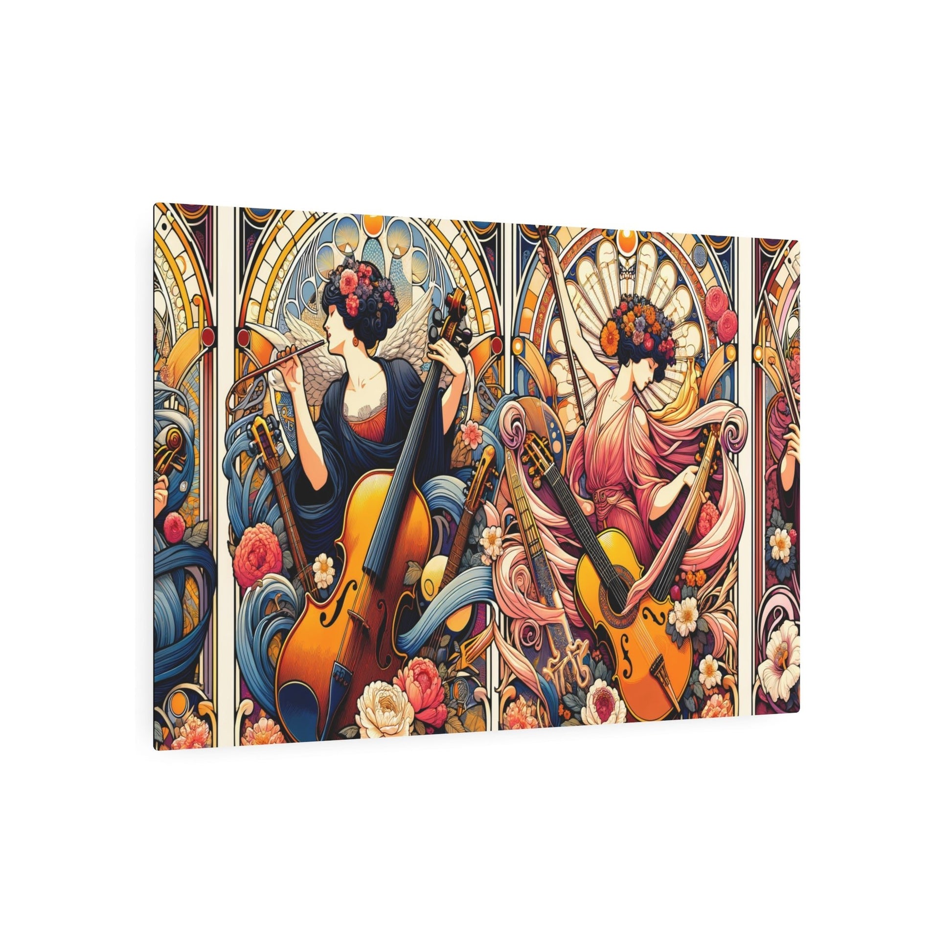 Metal Poster Art | "Art Nouveau Style Fusion of Music and Art Illustration - Violins, Guitars, Pianos Merging into Artwork with Flowers - Metal Poster Art 36″ x 24″ (Horizontal) 0.12''