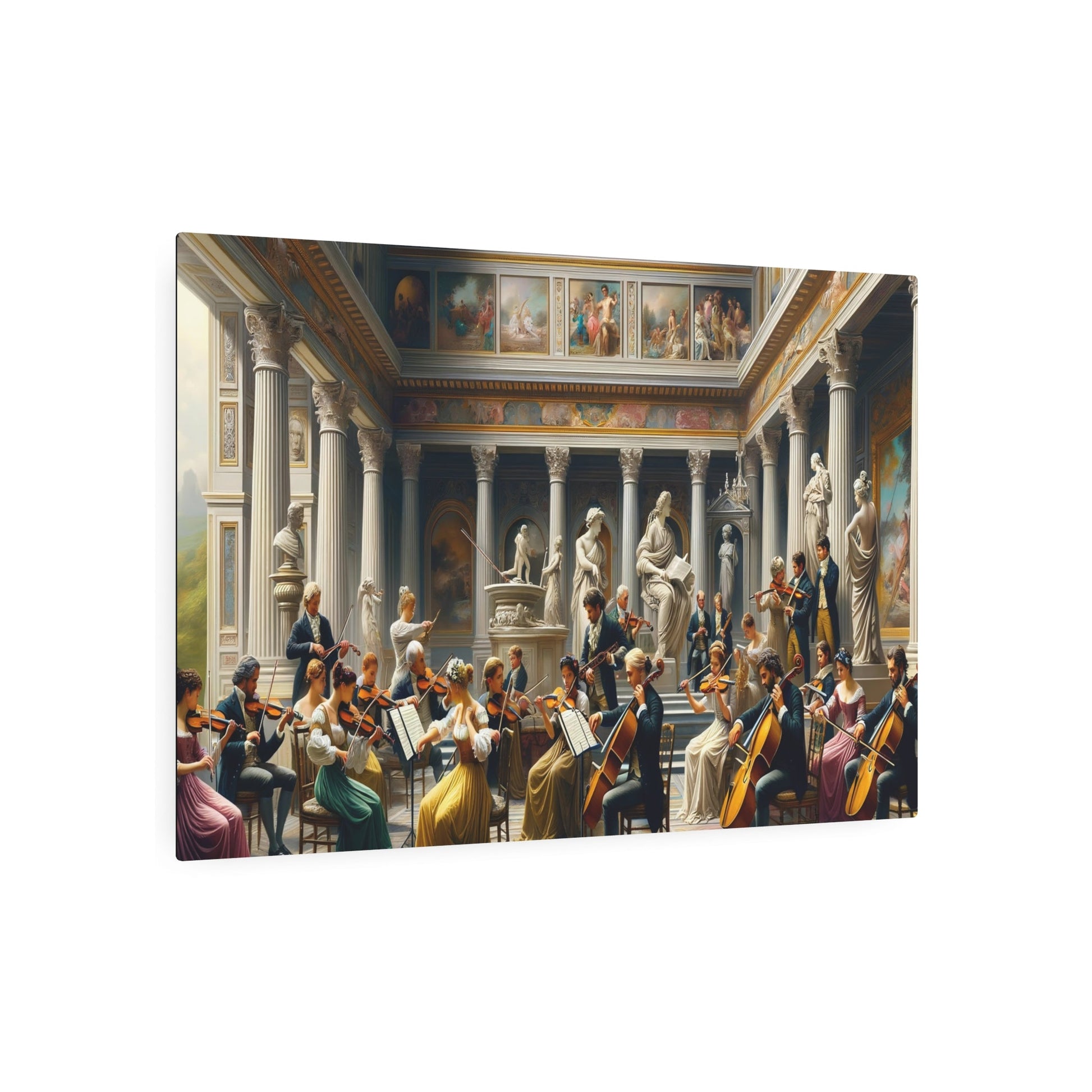 Metal Poster Art | "Neoclassical Art Print - Fusion of Music and Art Featuring Musicians, Violins, Cellos in Grand Grecian Rooms | Western - Metal Poster Art 36″ x 24″ (Horizontal) 0.12''