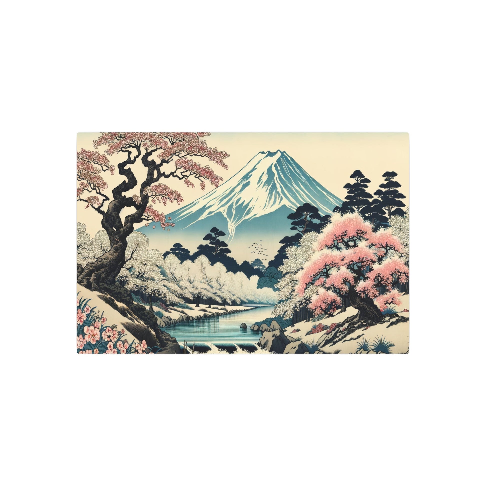 Metal Poster Art | "Traditional Ukiyo - e Japanese Art Print - Tranquil Cherry Blossom River Scene with Snow - capped Mount Fuji - Asian Art Styles Collection" - Metal Poster Art 36″ x 24″ (Horizontal) 0.12''