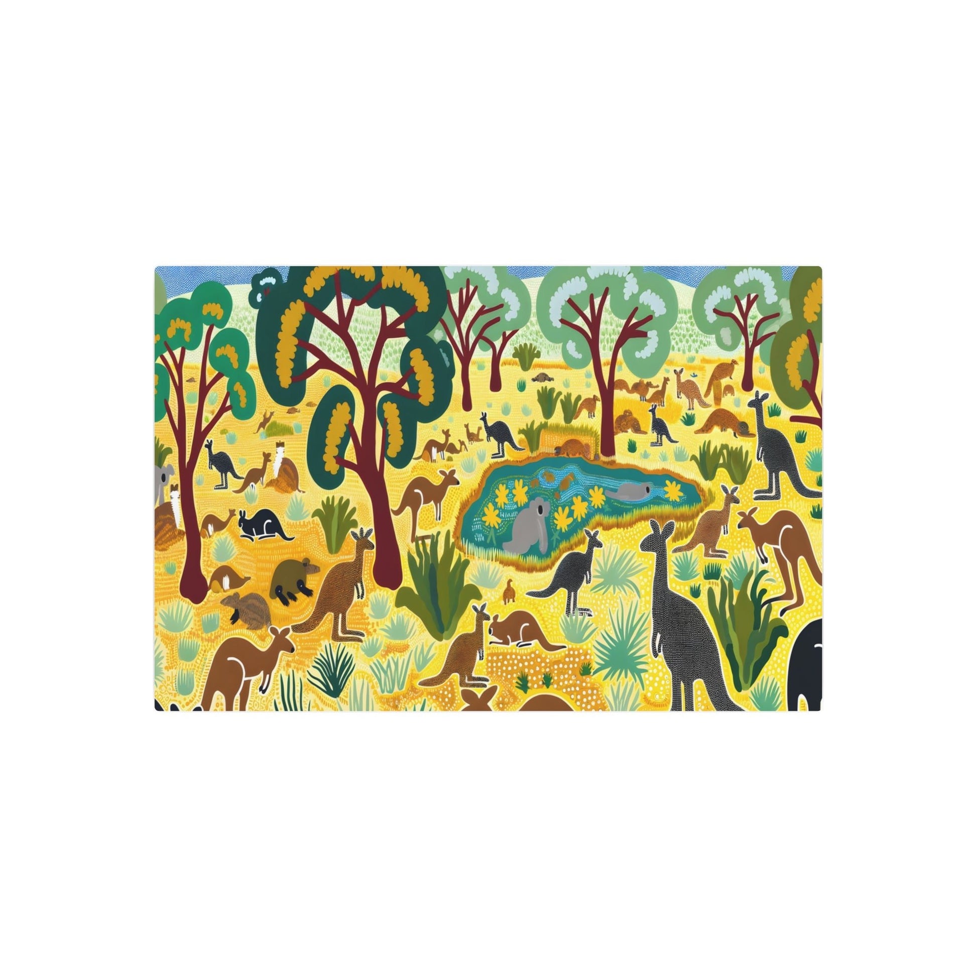 Metal Poster Art | "Australian Aboriginal Art - Dotted Landscape featuring Iconic Australian Fauna and Flora - Non-Western Global Styles" - Metal Poster Art 36″ x 24″ (Horizontal) 0.12''