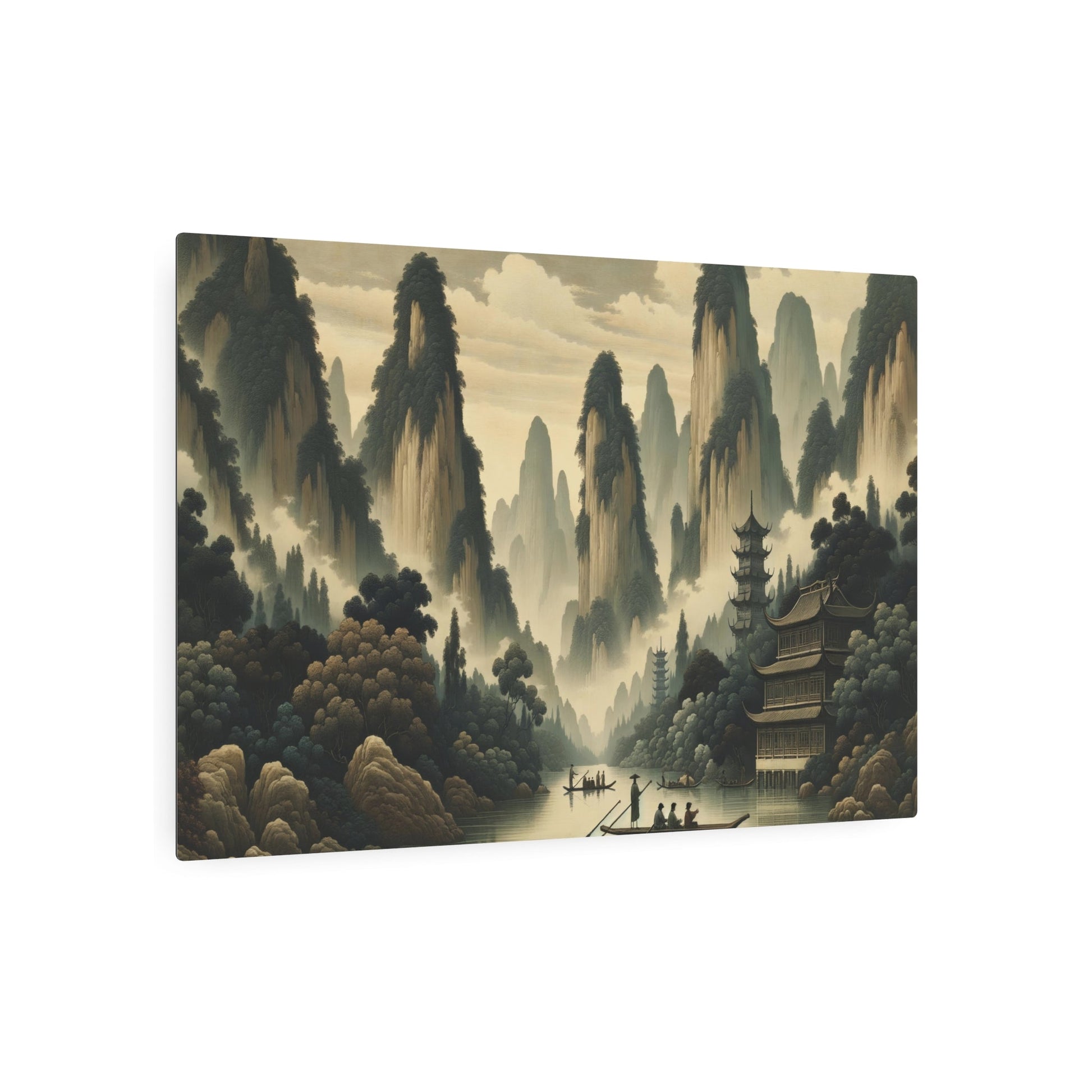 Metal Poster Art | "Traditional Chinese Landscape Artwork with Misty Mountains, Serene River, and Classical Pagodas in Subtle Tones - Asian Art Styles, - Metal Poster Art 36″ x 24″ (Horizontal) 0.12''