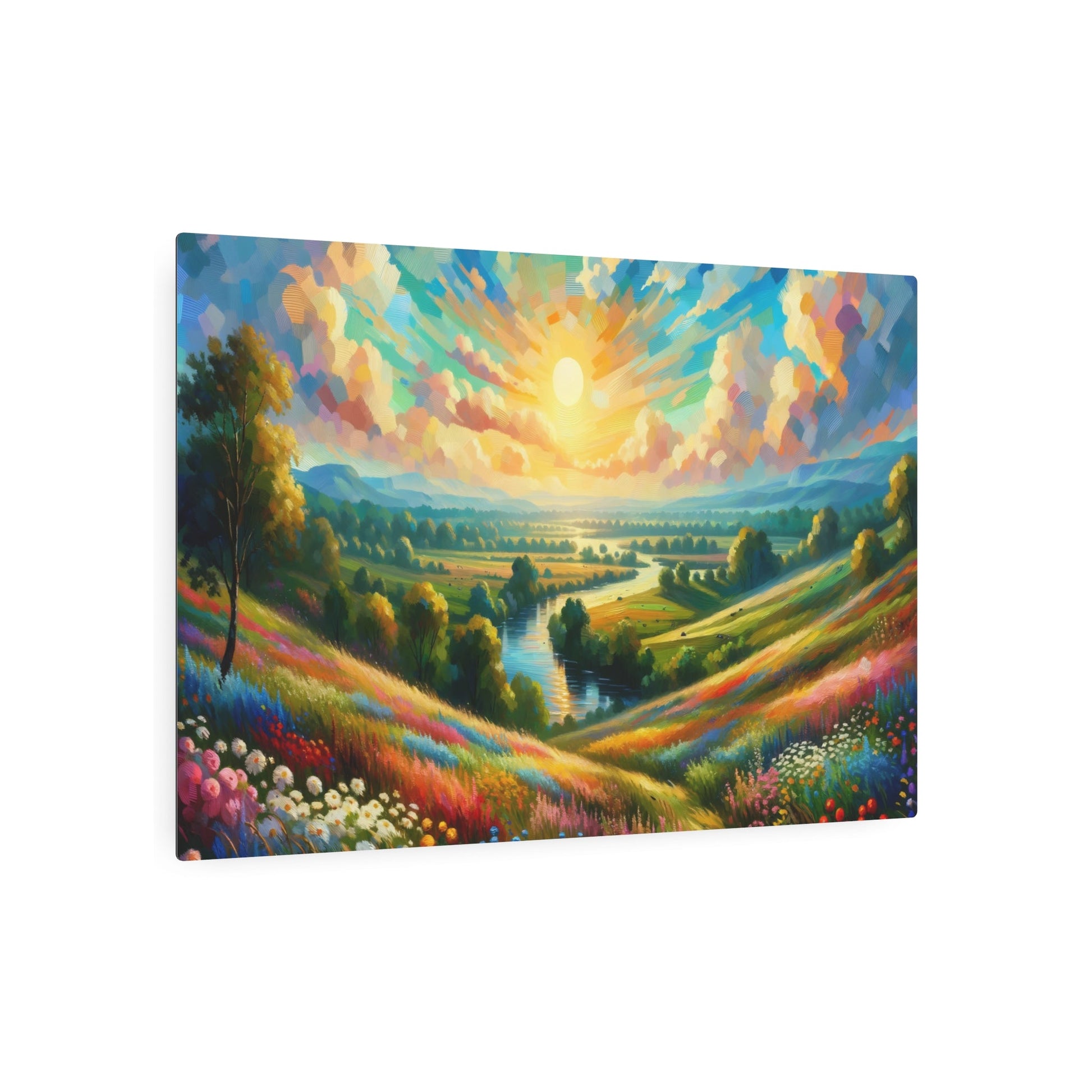 Metal Poster Art | "Impressionist Art Countryside Landscape - Vibrant Western Art Styles - Scenic Meadow, River & Sunset Scene" - Metal Poster Art 36″ x 24″ (Horizontal) 0.12''