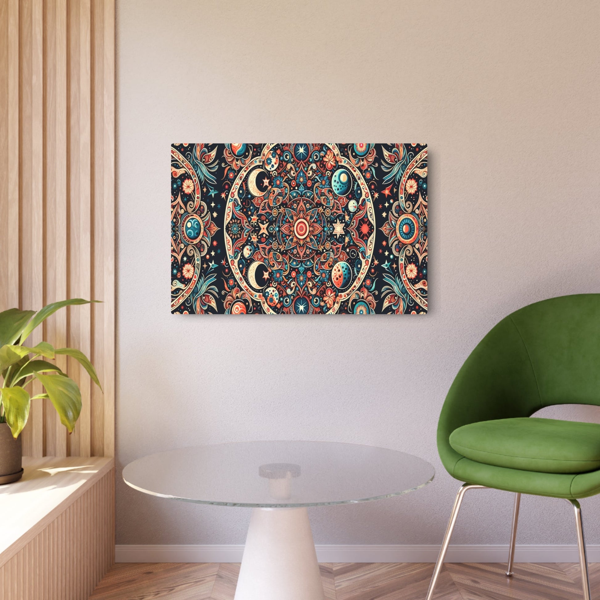 Metal Poster Art | "Indonesian Batik Art Print - Vibrant, Intricate Celestial Body - Themed Design in Traditional Patterns - Stars, Moons, Plan - Metal Poster Art 36″ x 24″ (Horizontal) 0.12''