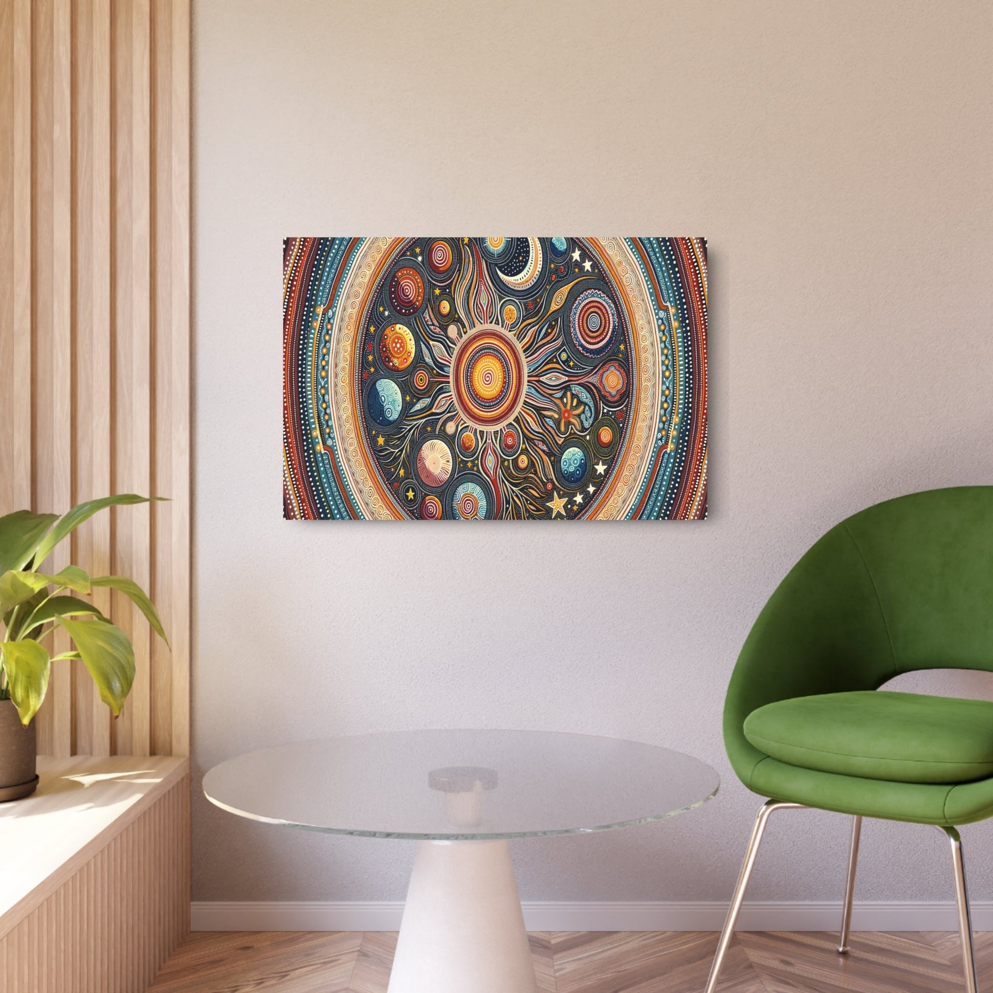 Metal Poster Art | "Aboriginal Art (Australian) - Traditional Celestial - Themed Painting Featuring Stars, Moons, and Planets from Non - Western & Global Styles - Metal Poster Art 36″ x 24″ (Horizontal) 0.12''