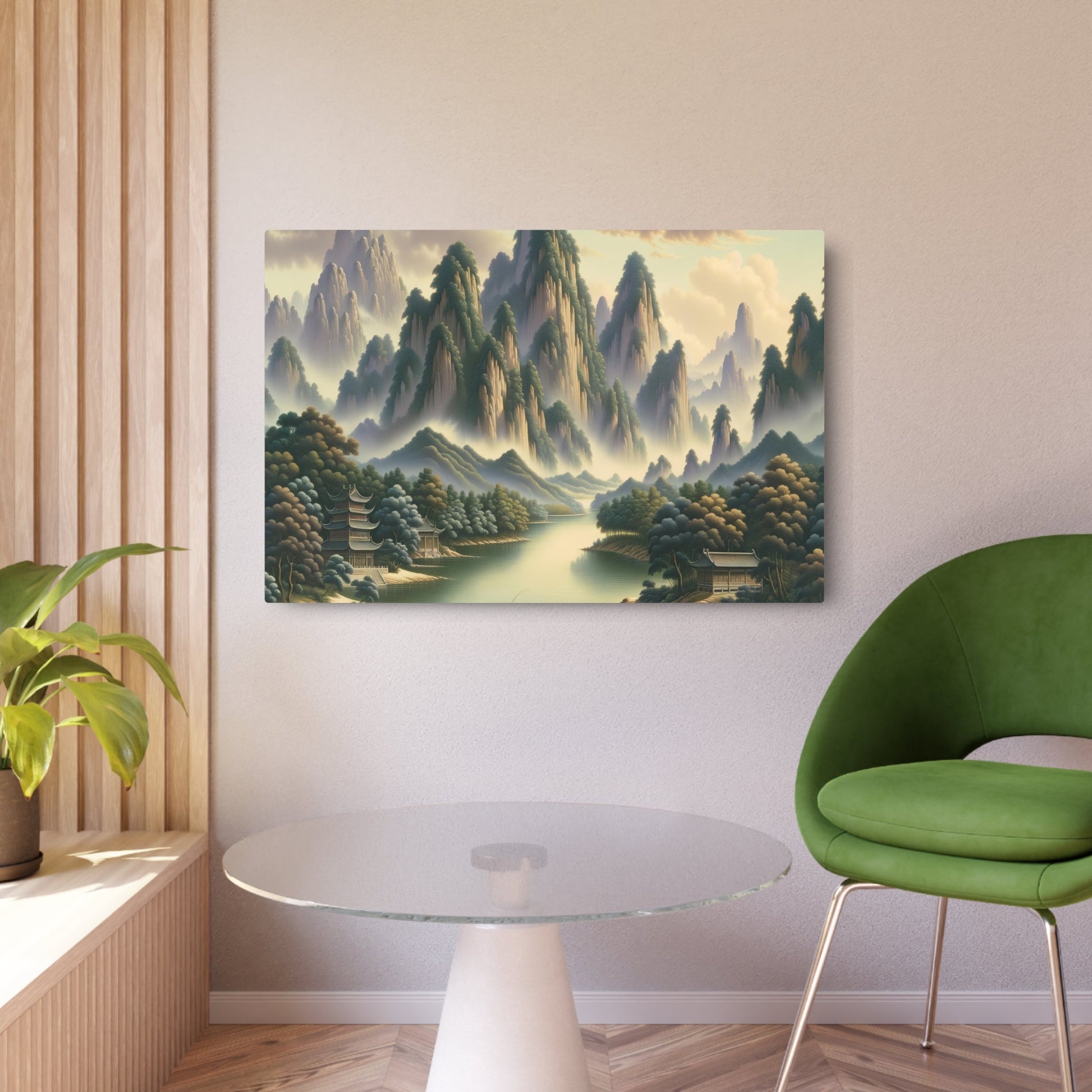 Metal Poster Art | "Traditional Chinese Landscape Art - Asian Art Styles Collection: Majestic Mountains, Serene Rivers, Ancient Temples Painting" - Metal Poster Art 36″ x 24″ (Horizontal) 0.12''