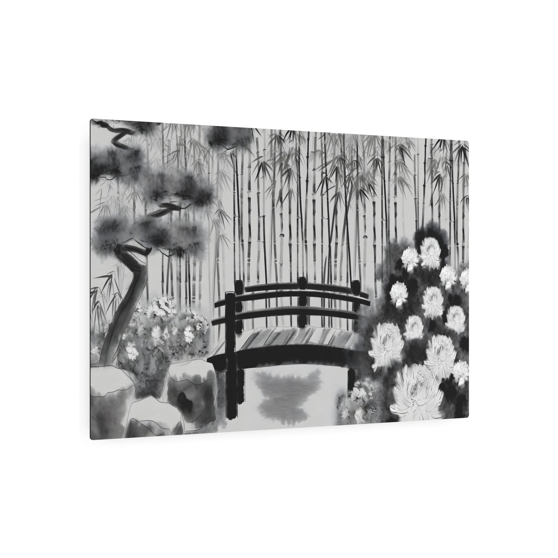 Metal Poster Art | "Sumi-e Japanese Ink Wash Painting - Authentic Asian Art Style Featuring Garden Flowers" - Metal Poster Art 36″ x 24″ (Horizontal) 0.12''