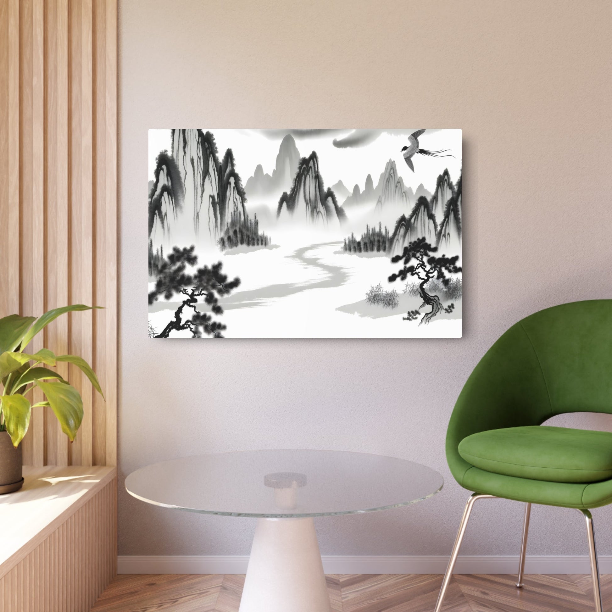 Metal Poster Art | "Traditional Chinese Landscape Artwork - Ink Wash Painting of Scenic Mountains, Serene Trees, Winding River and Bird in Flight - Asian Art Styles - Metal Poster Art 36″ x 24″ (Horizontal) 0.12''