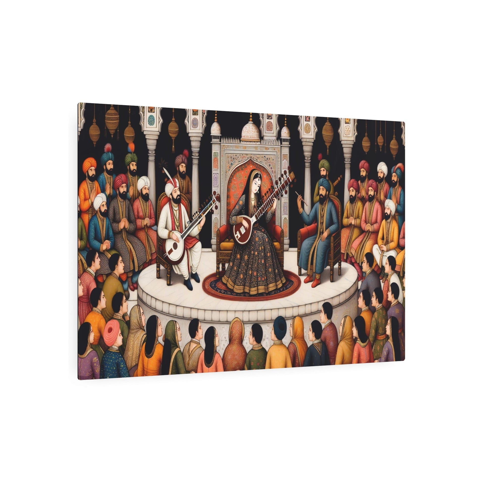 Metal Poster Art | "Mughal Miniature Art - Royal Court Sitar Performance | Non - Western & Global Styles, South Asian Mughal Miniature | Hand Paint - Metal Poster Art 36″ x 24″ (Horizontal) 0.12''