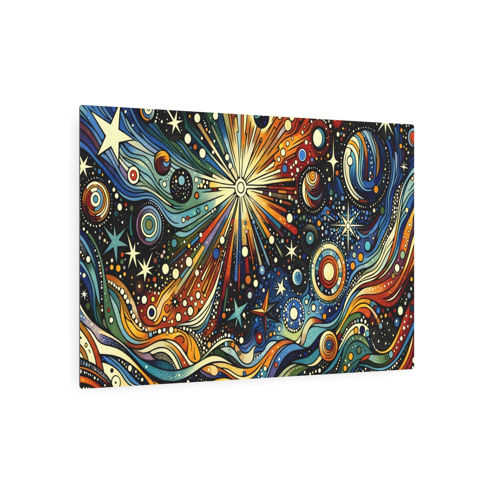 Metal Poster Art | "Modern Pop Art Style Celestial Scene Canvas - Bold Contrasting Colors with Comic Strip Techniques, Stars, Planets, and Galaxies Wall Art" - Metal Poster Art 36″ x 24″ (Horizontal) 0.12''