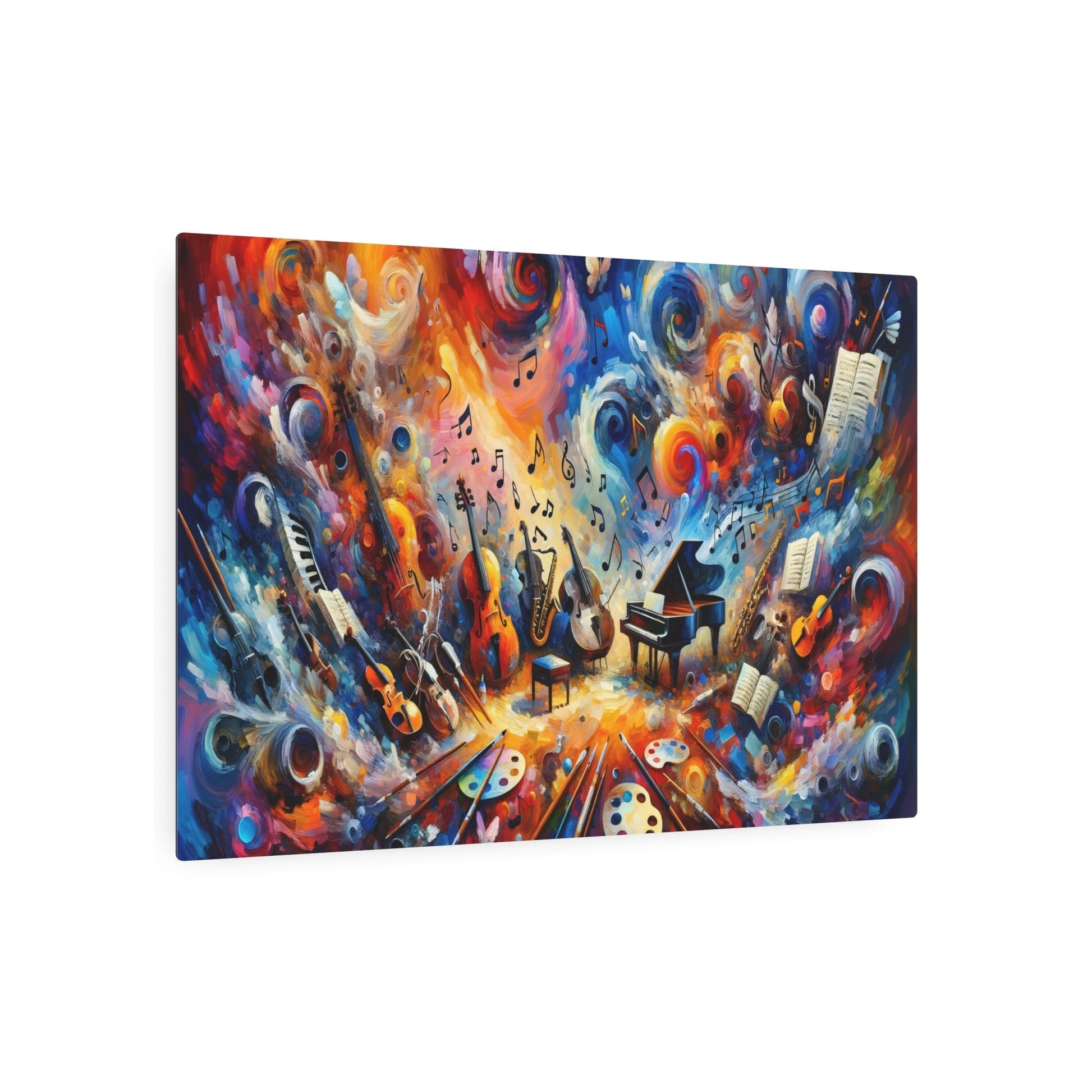 Metal Poster Art | "Modern Abstract Expressionism Art - Vibrant Symphony of Music and Art - Contemporary Style Grand Piano, Violin, Saxophone Musical Elements Canvas Print" - Metal Poster Art 36″ x 24″ (Horizontal) 0.12''