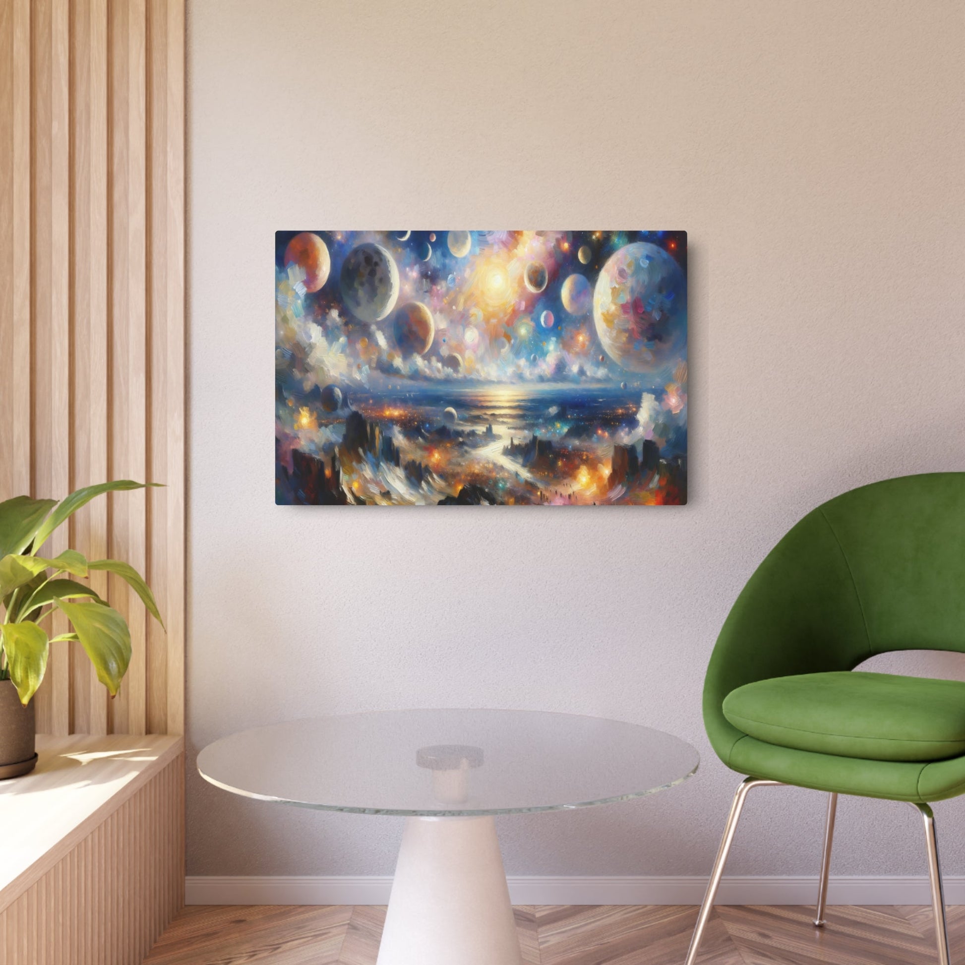 Metal Poster Art | "Impressionist Western Art Style - Celestial Bodies Artwork featuring Stars, Moon, Planets and Galaxies" - Metal Poster Art 36″ x 24″ (Horizontal) 0.12''