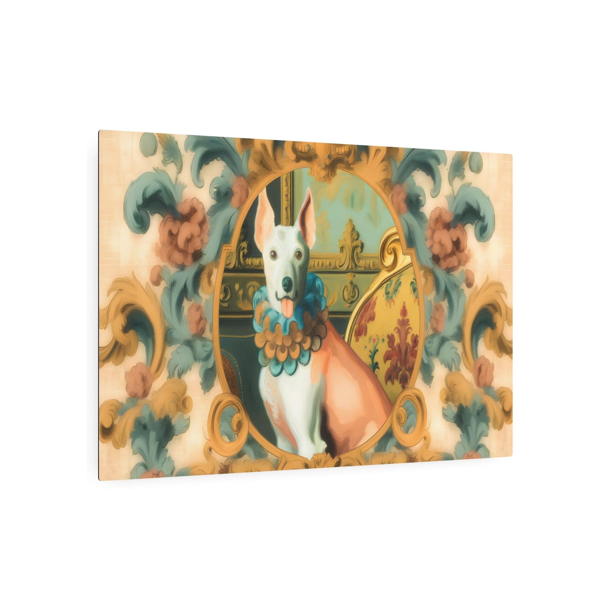 Metal Poster Art | "Luxurious Rococo-Style Dog Painting in Soft Pastels - Intricate Detail Western Art" - Metal Poster Art 36″ x 24″ (Horizontal) 0.12''