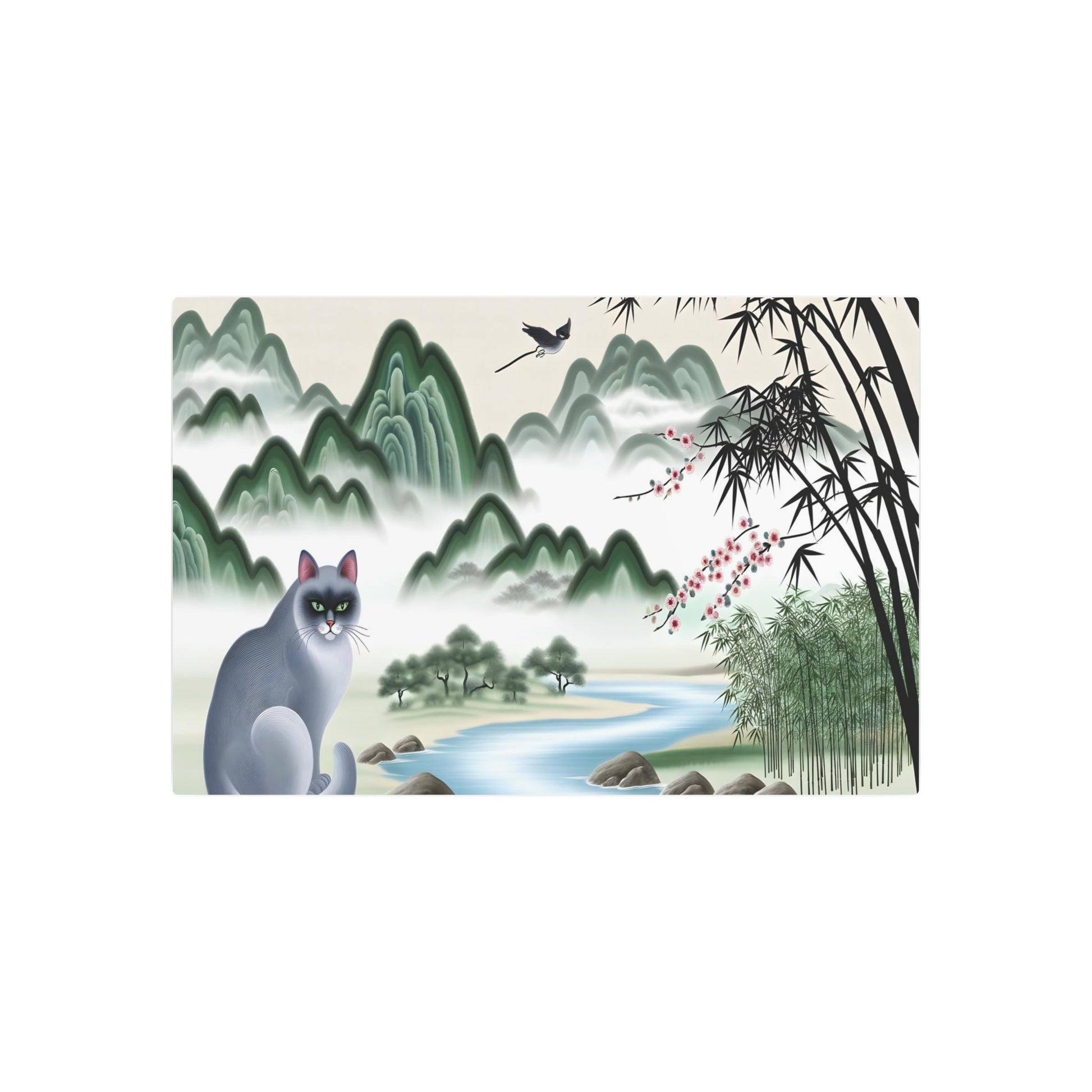 Metal Poster Art | "Traditional Chinese Landscape Artwork with Graceful Cat, Misty Mountains, Flowing River and Cherry Blossoms - Serene Asian Art Styles in the - Metal Poster Art 36″ x 24″ (Horizontal) 0.12''