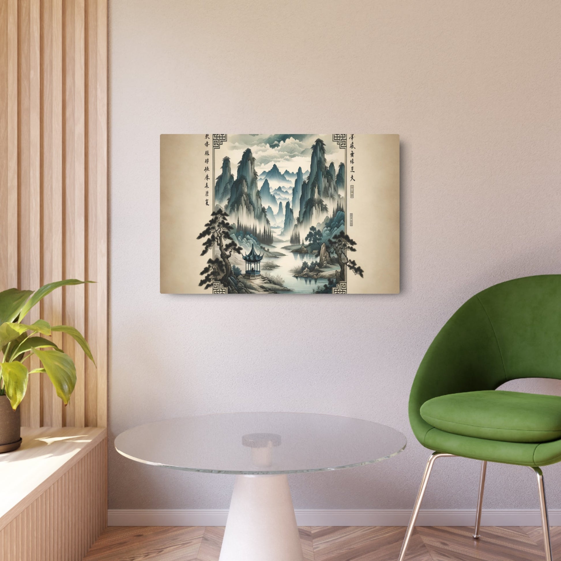 Metal Poster Art | "Traditional Chinese Landscape Artwork - Handmade Asian Art Style Painting with Mountains, Rivers, Trees and Pavilion" - Metal Poster Art 36″ x 24″ (Horizontal) 0.12''