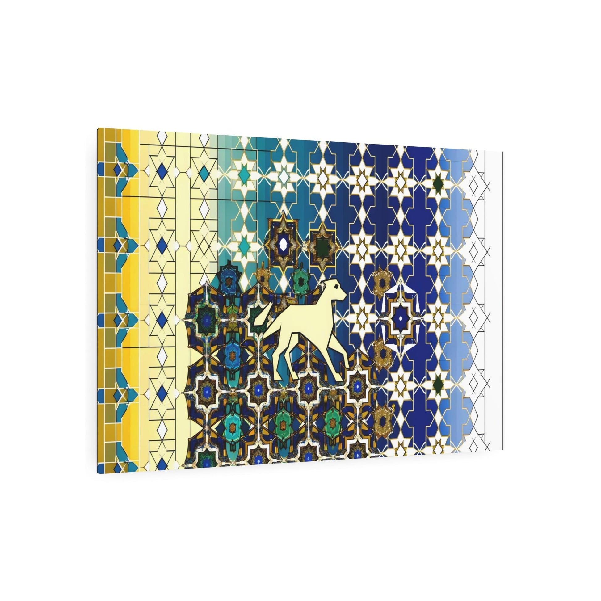 Metal Poster Art | "Subtle Canine Design within Intricate Islamic Geometric Art - Non-Western & Global Styles, Deep Blue and Gold Tones" - Metal Poster Art 36″ x 24″ (Horizontal) 0.12''