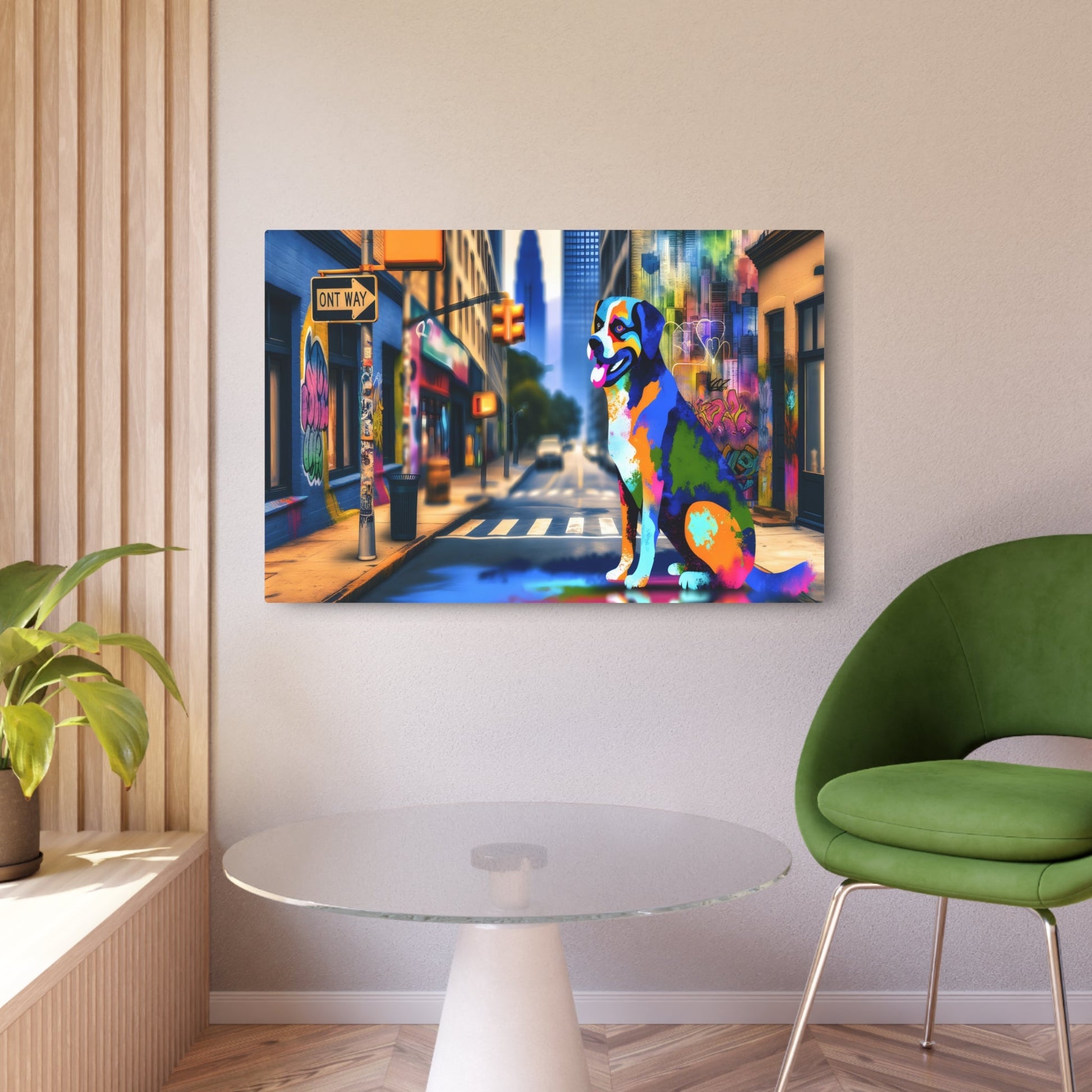 Metal Poster Art | "Modern Street Art - Vibrant Dog Centerpiece in Dynamic Cityscape, Contemporary Urban Style Wall Art" - Metal Poster Art 36″ x 24″ (Horizontal) 0.12''