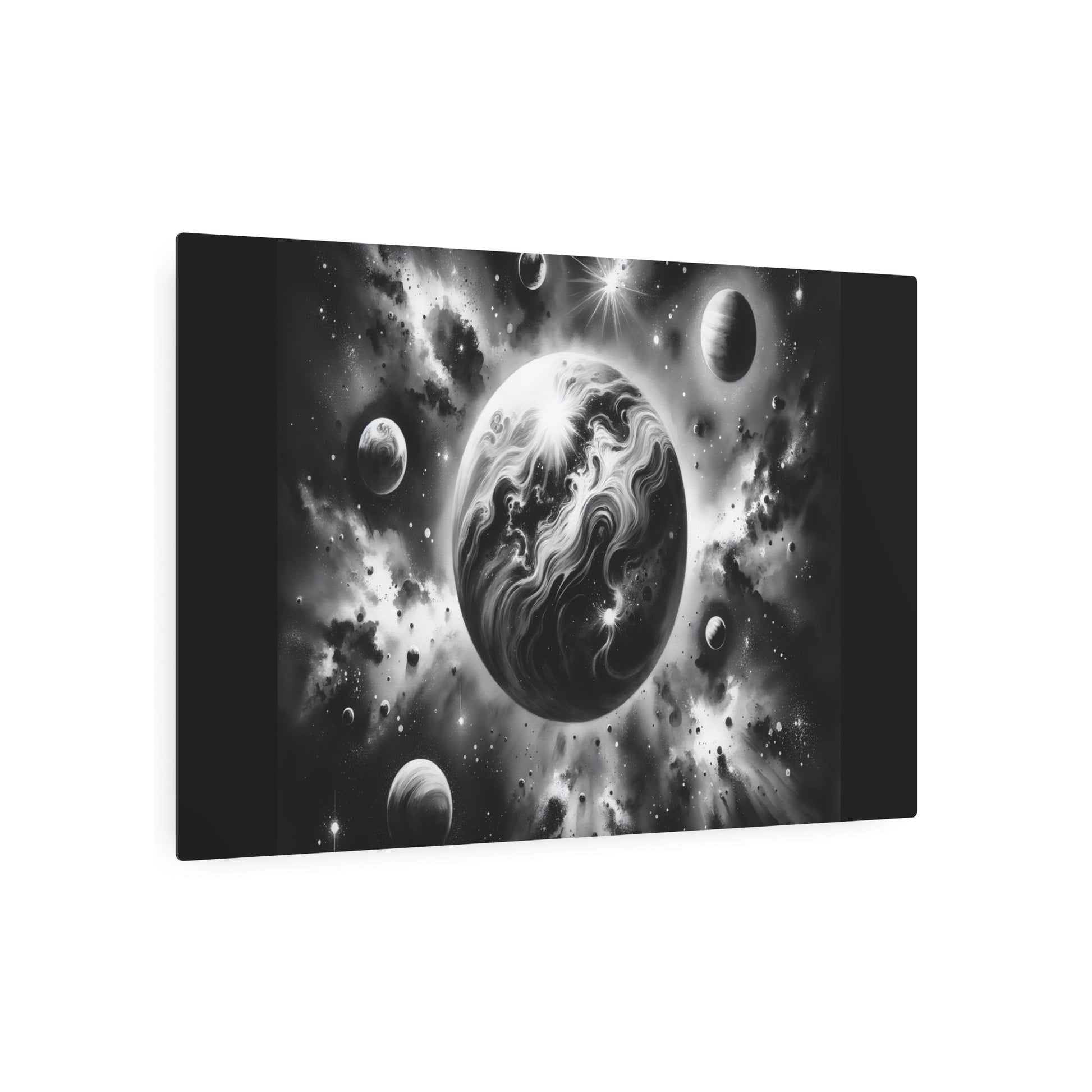 Metal Poster Art | "Sumi - e Japanese Ink Wash Asian Art - Celestial Bodies and Cosmos Interpretation with Light - Shadow Interplay" - Metal Poster Art 36″ x 24″ (Horizontal) 0.12''