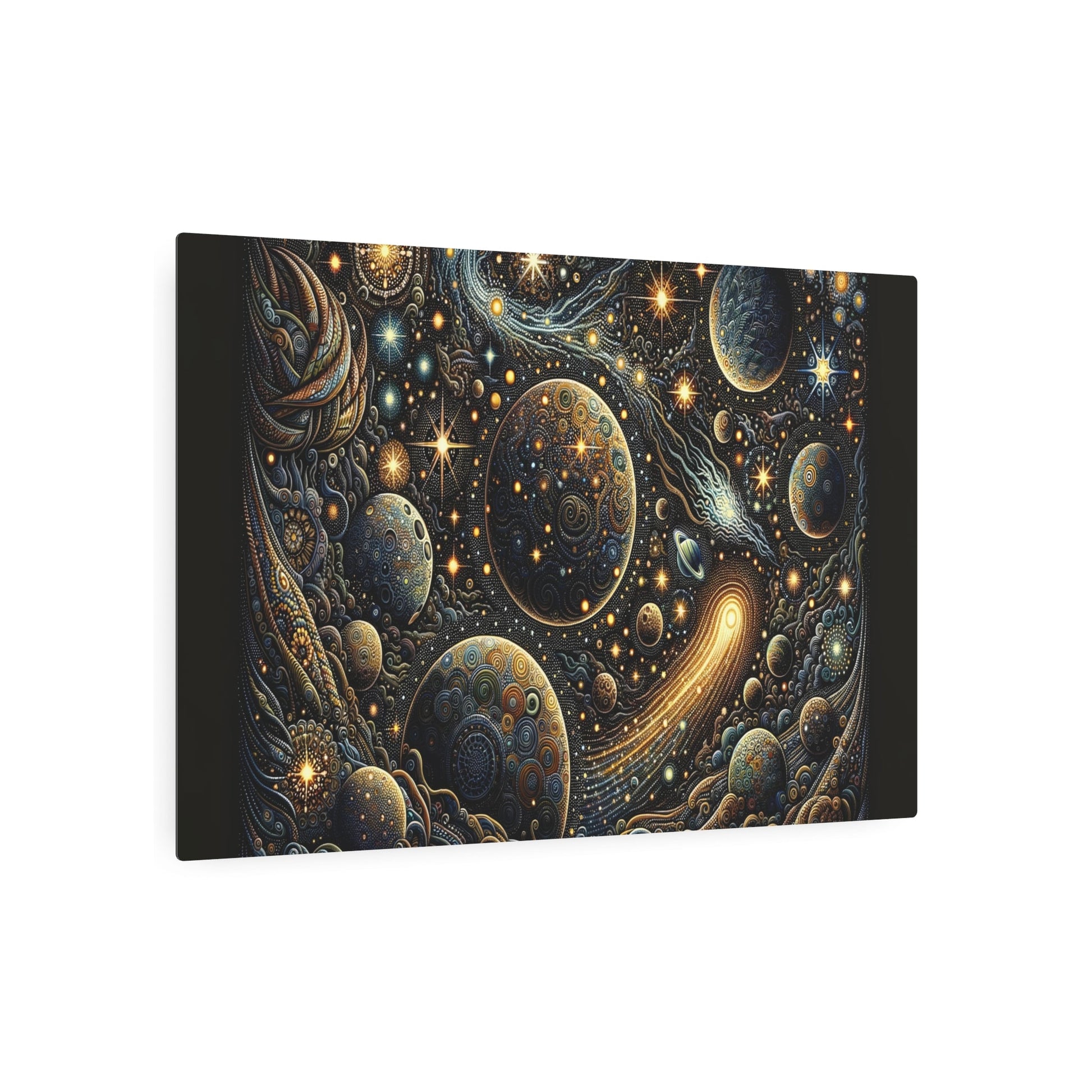 Metal Poster Art | "Indonesian Batik Style Art Image Featuring Celestial Bodies - Planets, Stars, Comets & Moon in Non - Western & Global Styles - Metal Poster Art 36″ x 24″ (Horizontal) 0.12''