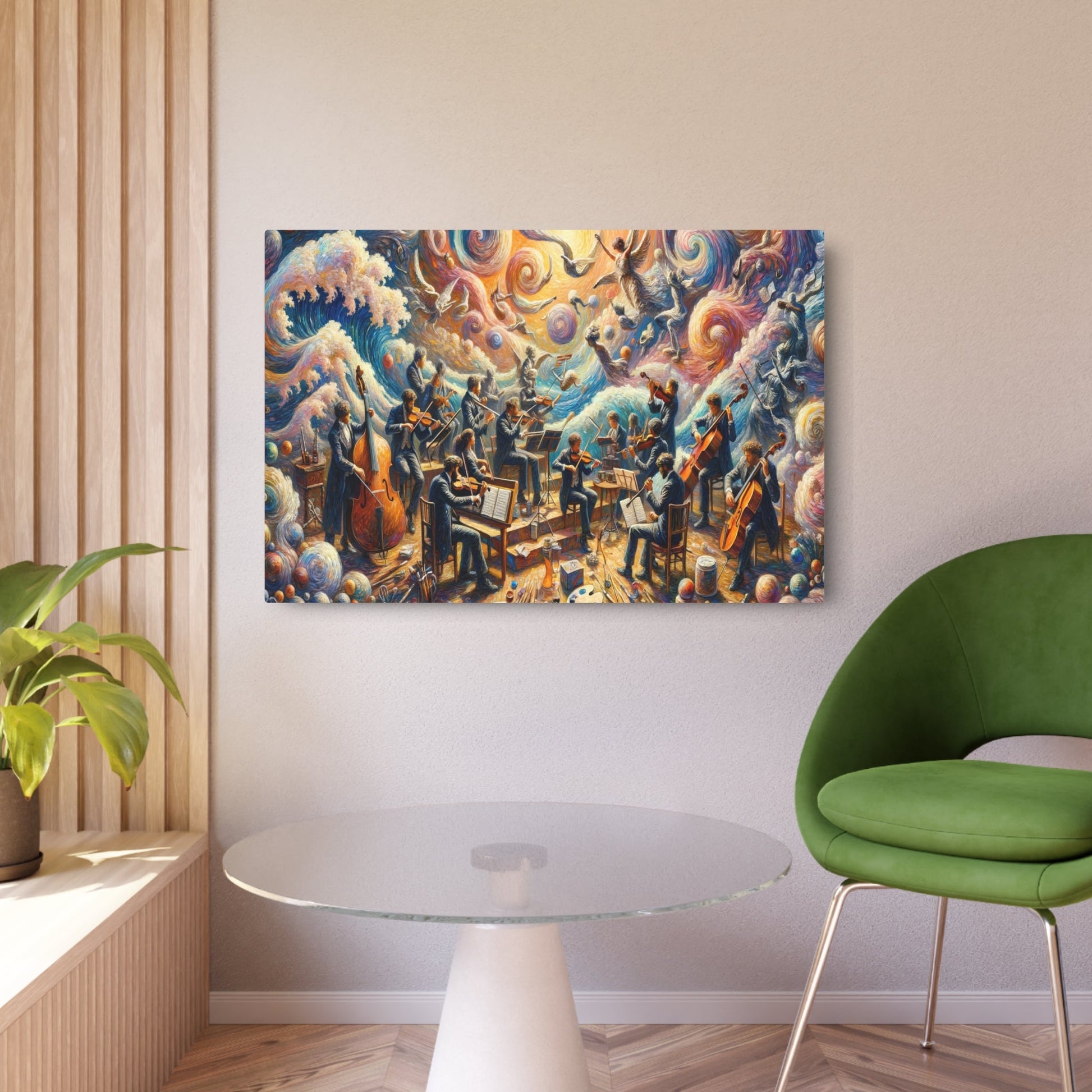 Metal Poster Art | "Post - Impressionistic Harmony: Vivid Fusion of Art and Music in Western Styles - Musicians, Classical Instruments, Painting & Sculpting Tools - Metal Poster Art 36″ x 24″ (Horizontal) 0.12''