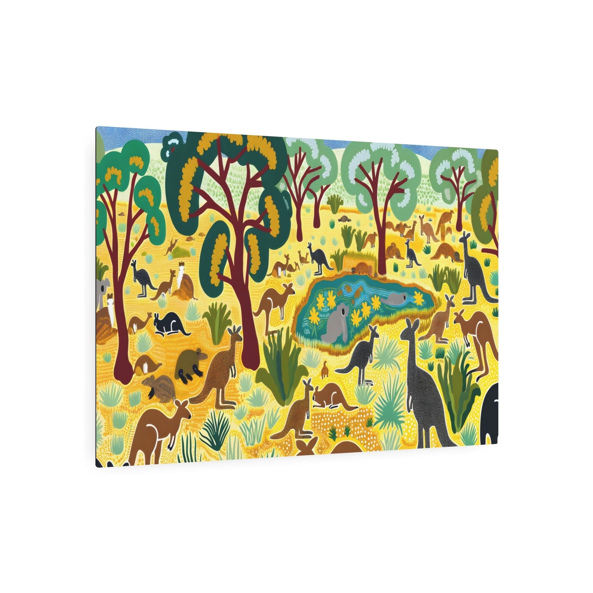 Metal Poster Art | "Australian Aboriginal Art - Dotted Landscape featuring Iconic Australian Fauna and Flora - Non-Western Global Styles" - Metal Poster Art 36″ x 24″ (Horizontal) 0.12''