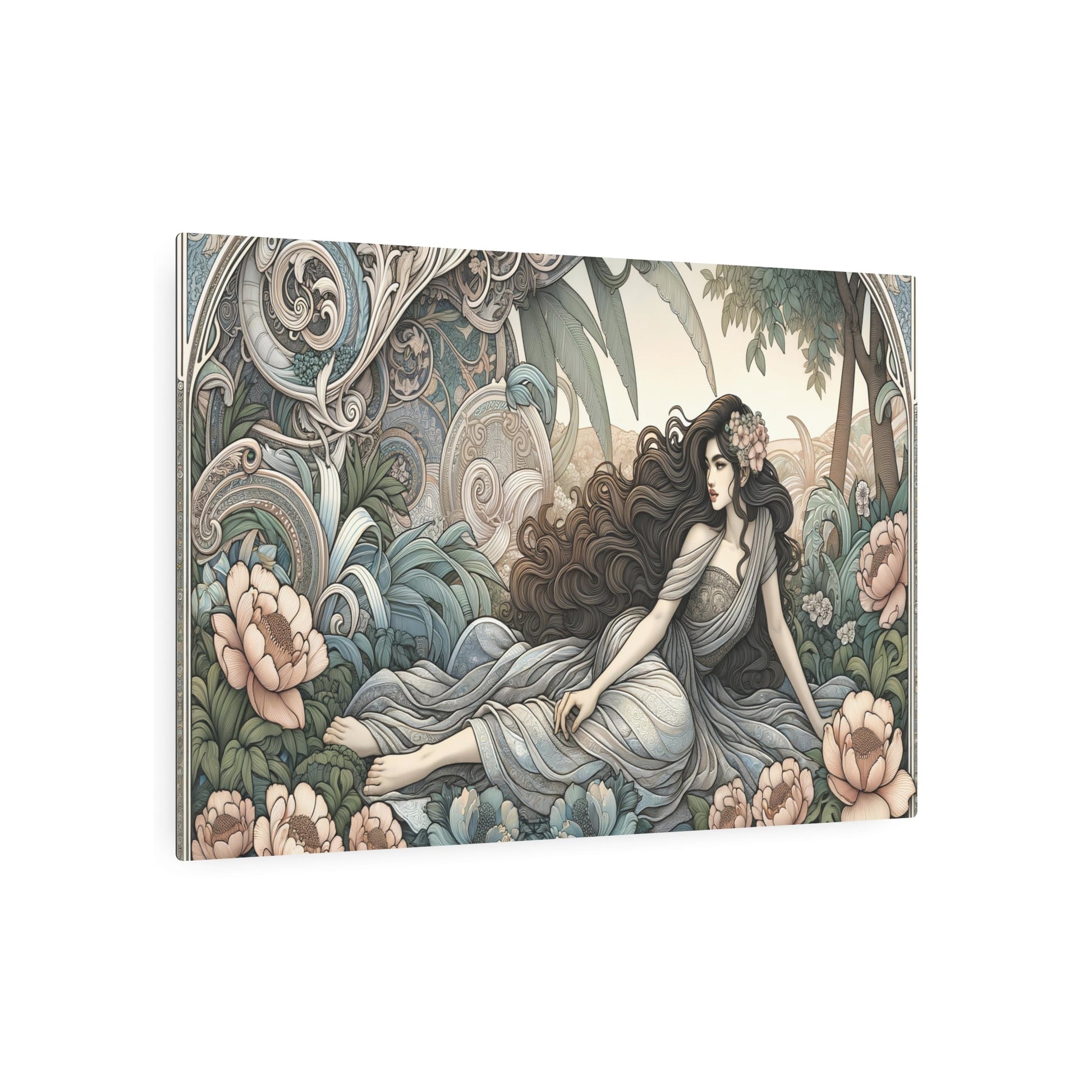 Metal Poster Art | "Art Nouveau Western Art Styles - Elegant Woman in Nature with Detailed Floral Motifs and Flowing Dress" - Metal Poster Art 36″ x 24″ (Horizontal) 0.12''