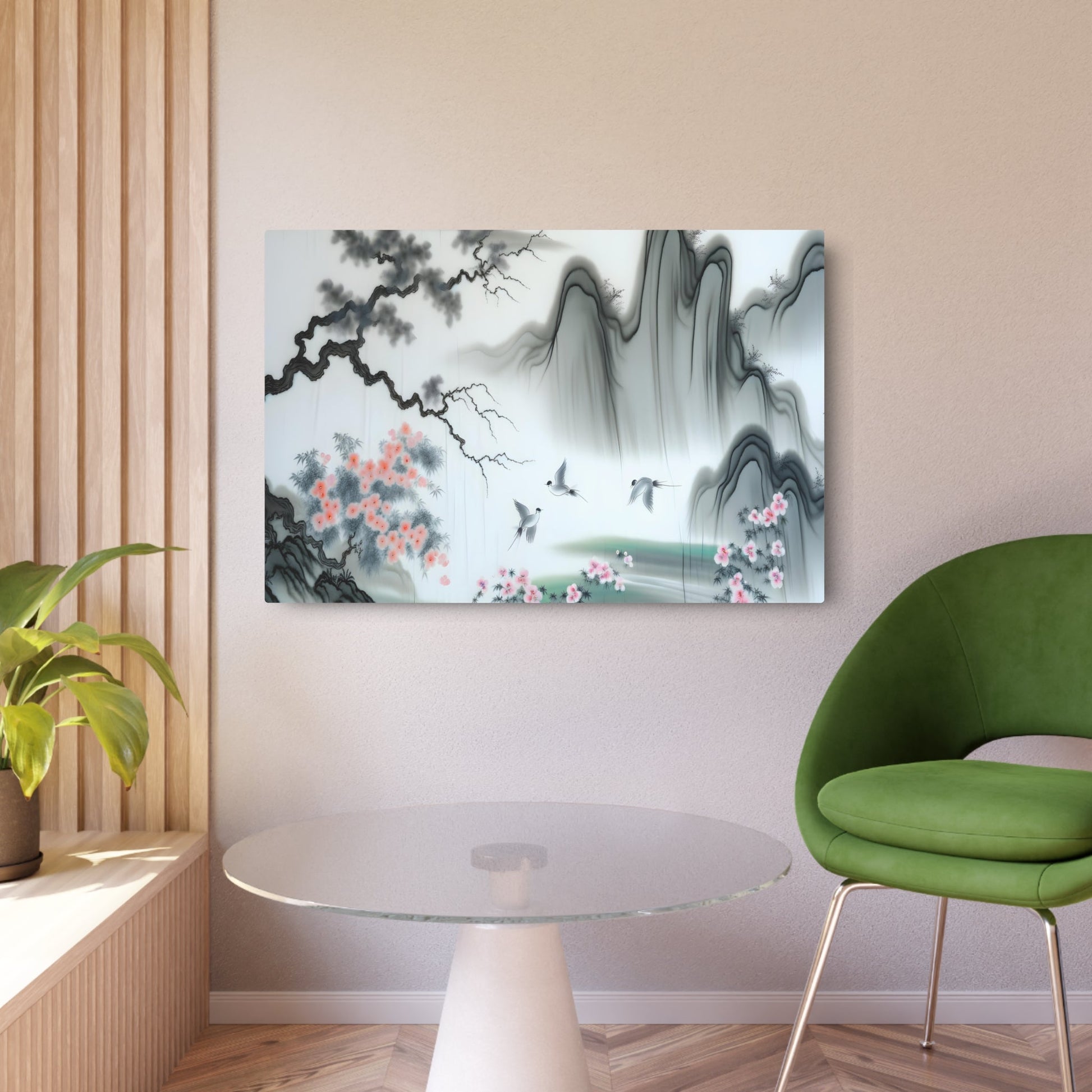 Metal Poster Art | "Traditional Chinese Silk Painting: Vibrant Landscapes and Delicate Flora in Elegant Muted Tones - Asian Art Styles" - Metal Poster Art 36″ x 24″ (Horizontal) 0.12''