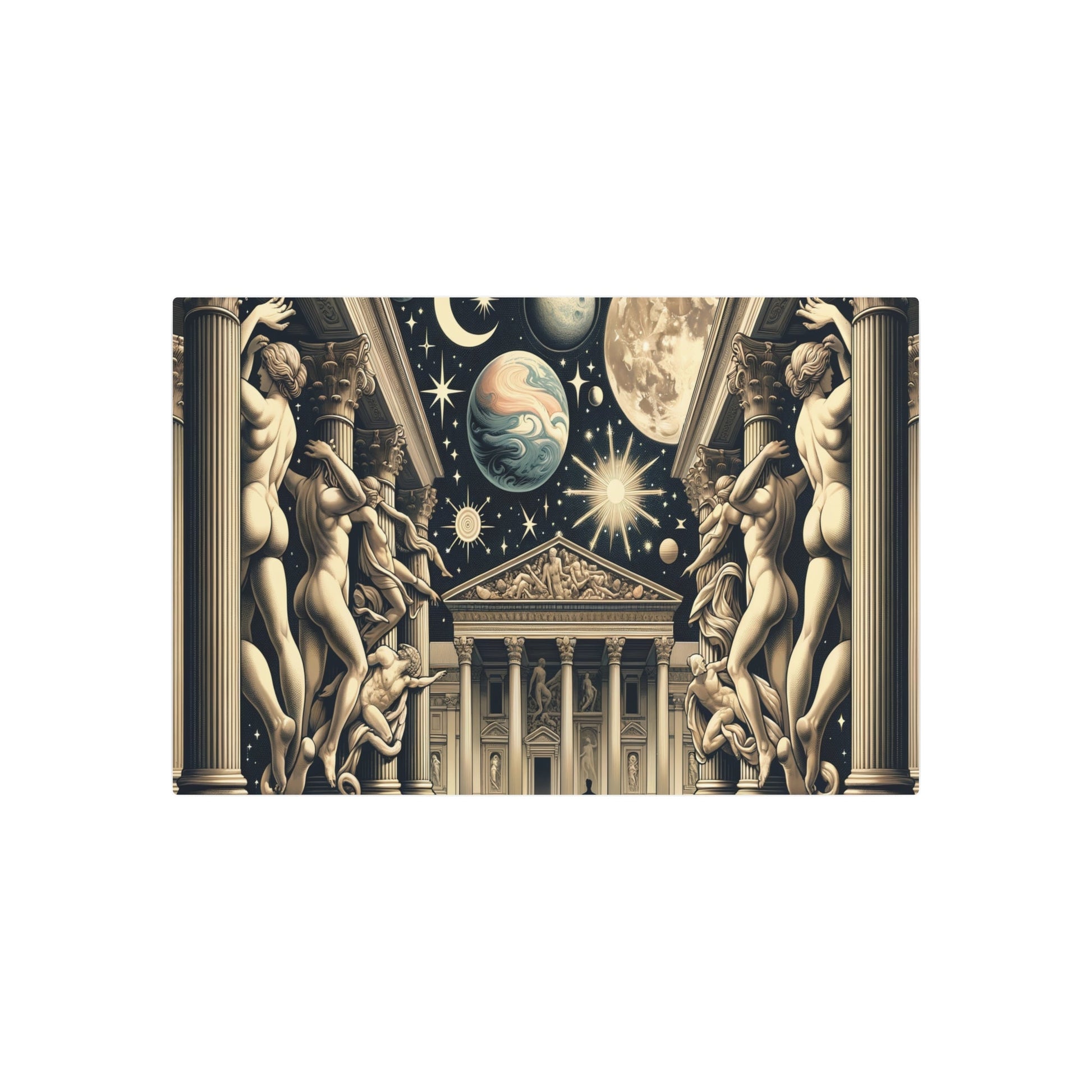 Metal Poster Art | "Neoclassical Celestial Bodies Art Print - Moon, Stars and Planets in Elegant Neoclassicism Style - Western Art Styles Collection" - Metal Poster Art 36″ x 24″ (Horizontal) 0.12''