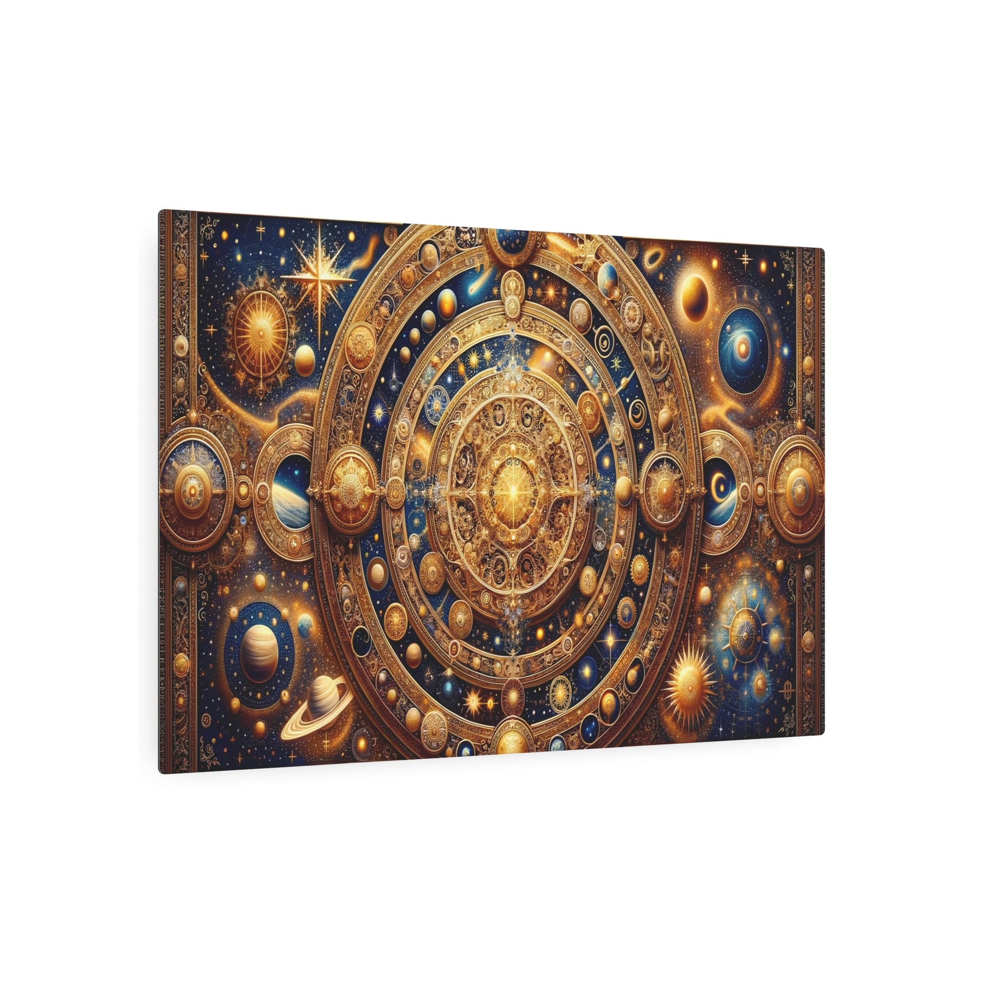 Metal Poster Art | "Byzantine Art Style Celestial Body Theme: Intricate Design of Stars, Comets, Galaxies and Planets with Gold Accents in - Metal Poster Art 36″ x 24″ (Horizontal) 0.12''