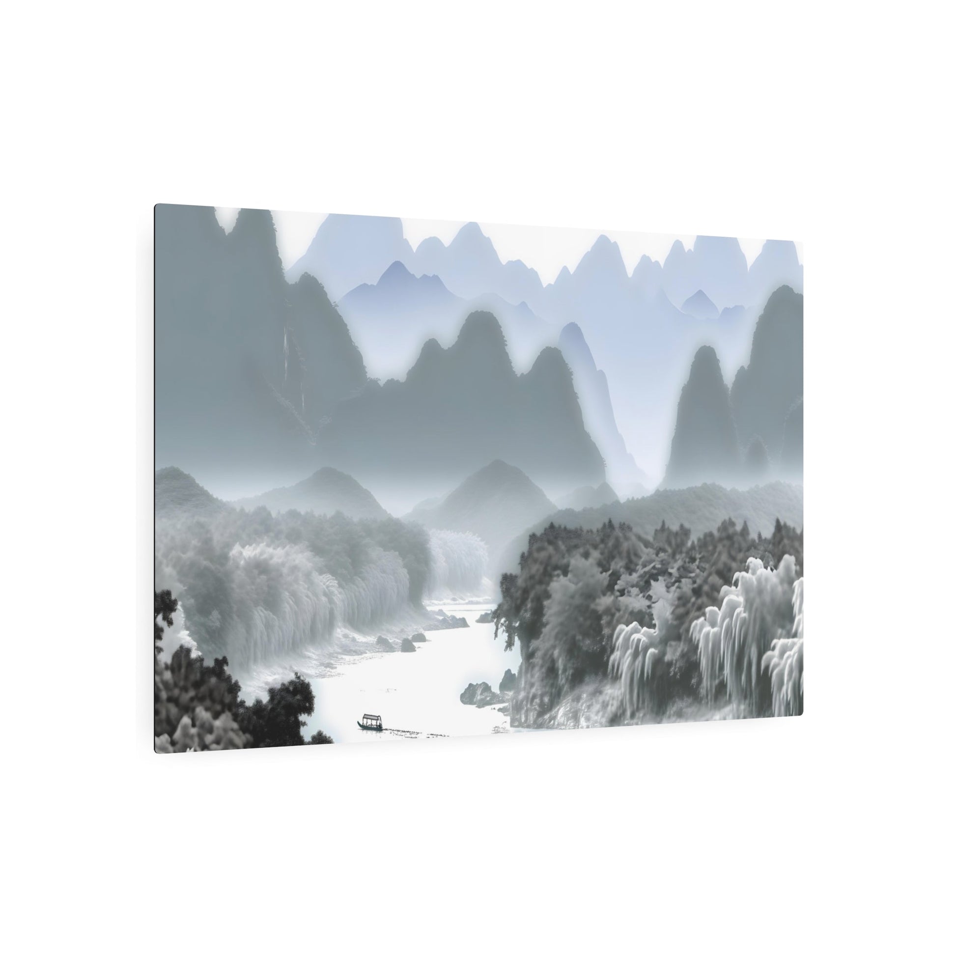 Metal Poster Art | "Traditional Chinese Landscape Painting with Mountains, Rivers, Trees & Small Boat - Asian Art Styles Collection" - Metal Poster Art 36″ x 24″ (Horizontal) 0.12''