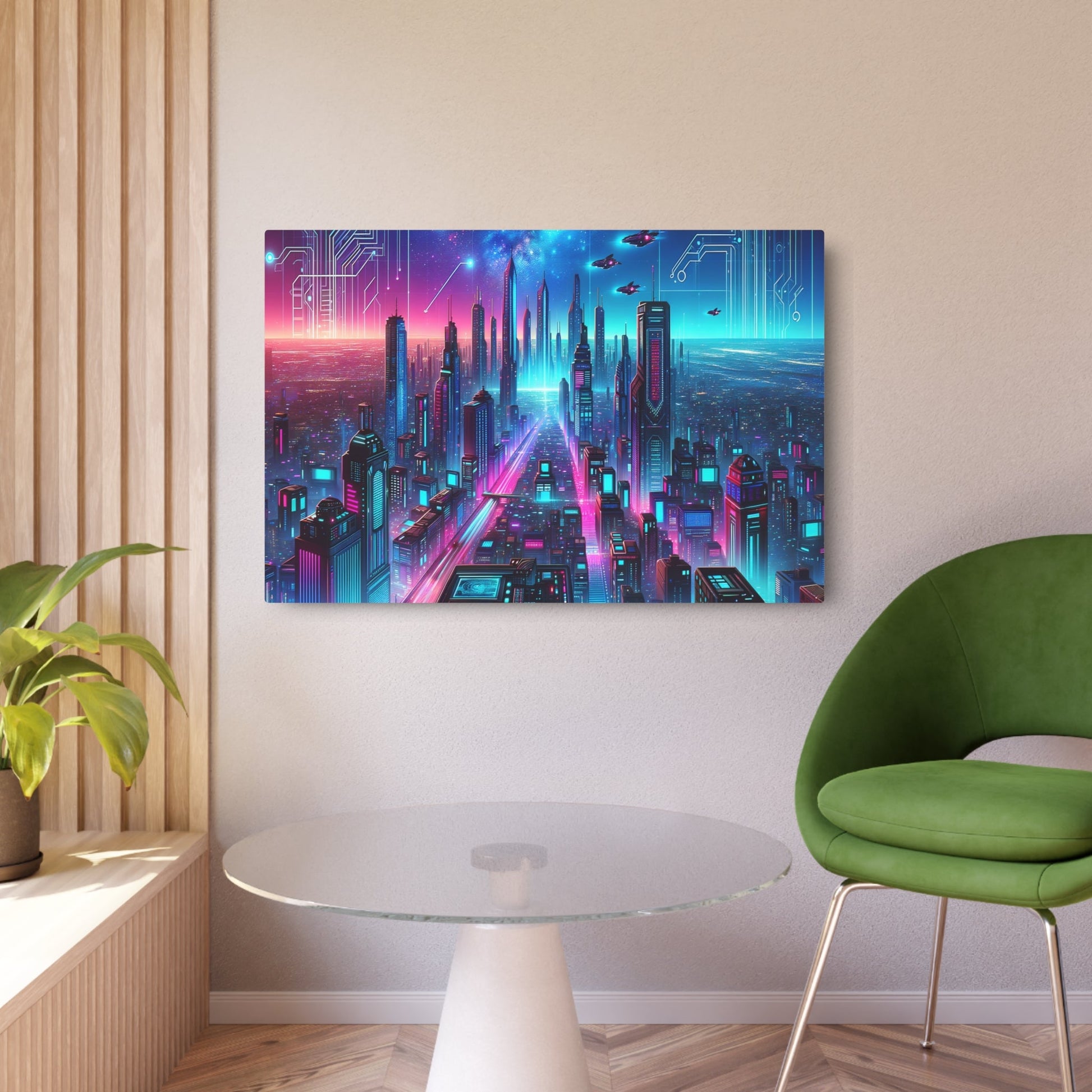 Metal Poster Art | "Futuristic Cityscape Under Neon Sky - Modern Contemporary Digital Art by Dalle - 3" - Metal Poster Art 36″ x 24″ (Horizontal) 0.12''