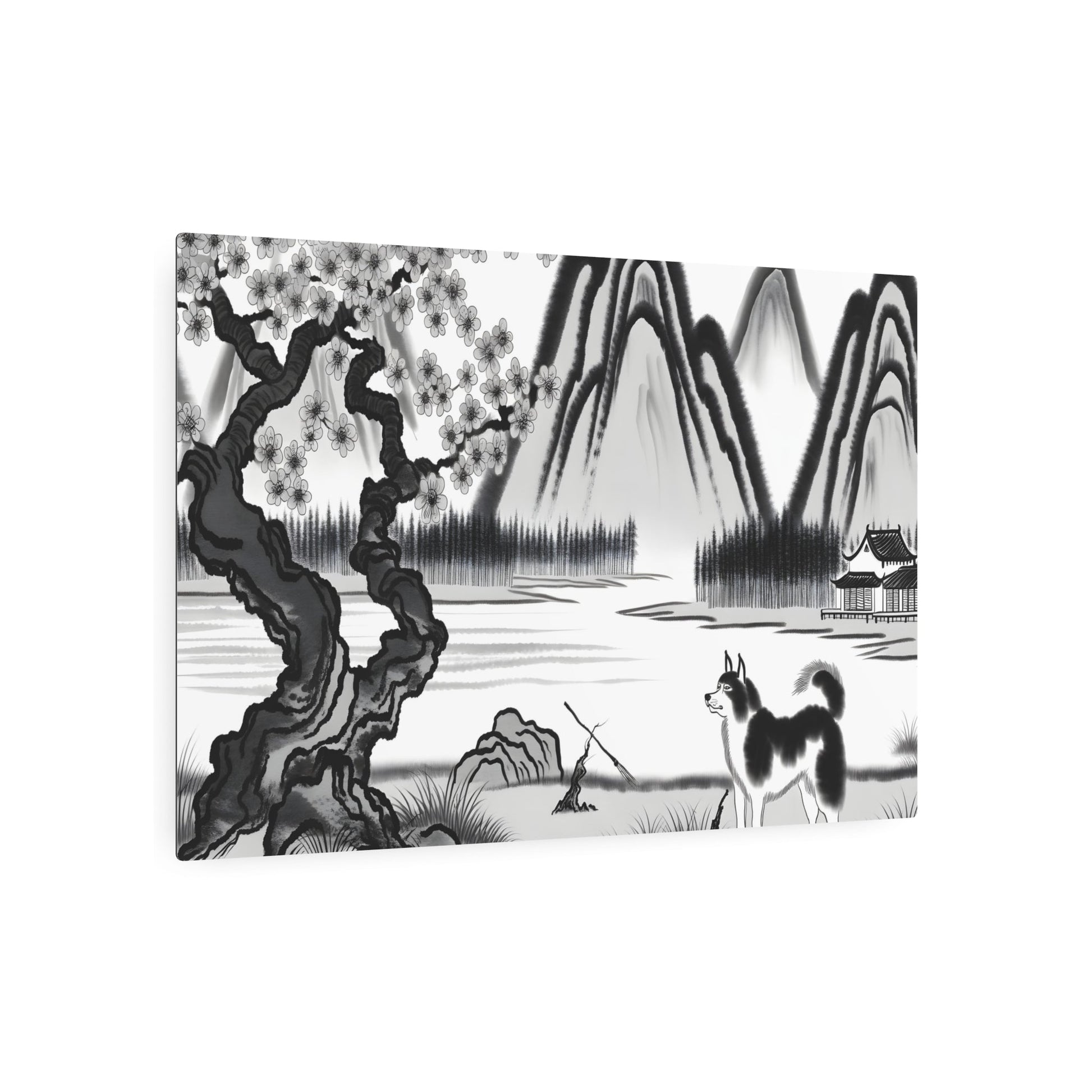 Metal Poster Art | "Traditional Chinese Landscape Ink-Wash Painting – Serene Mountains, Blossoming Cherry Tree and Ancient Dog Breed in Contemplative Pose - Asian Art Styles - Metal Poster Art 36″ x 24″ (Horizontal) 0.12''