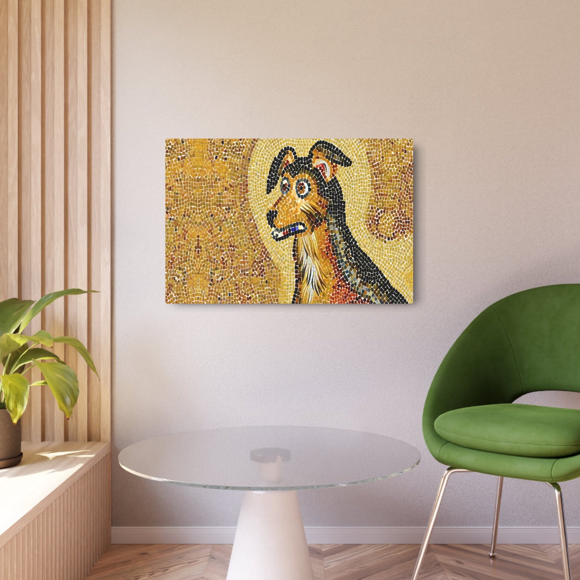 Metal Poster Art | "Byzantine Art Style Dog Image with Detailed Mosaics and Gold Backgrounds - Unique Non-Western & Global Styles Artwork" - Metal Poster Art 36″ x 24″ (Horizontal) 0.12''