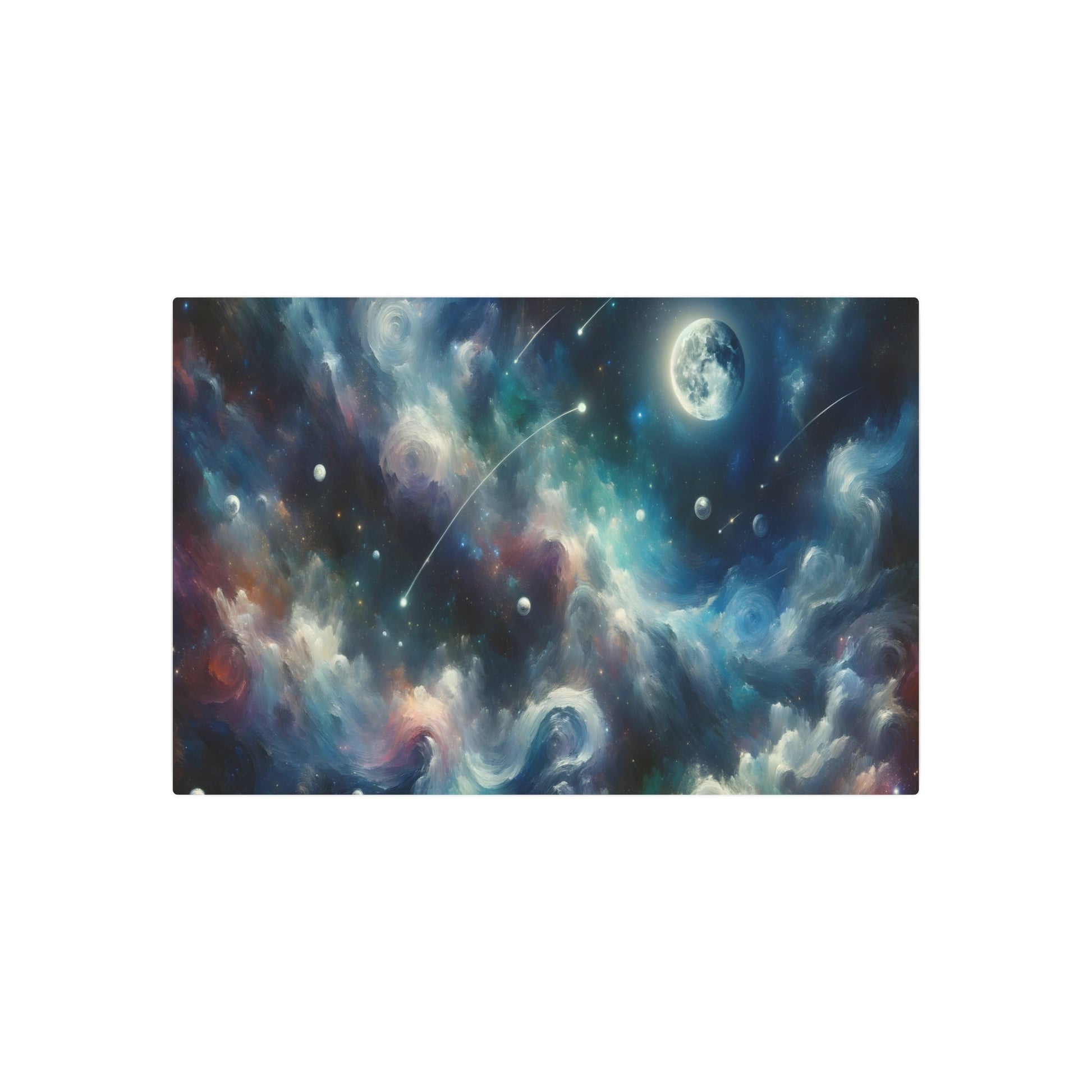 Metal Poster Art | "Impressionist Starry Night Canvas Art - Vibrant Moon & Meteor Shower in a Celestial Dance, Planetarium - Inspired Western Art in - Metal Poster Art 36″ x 24″ (Horizontal) 0.12''