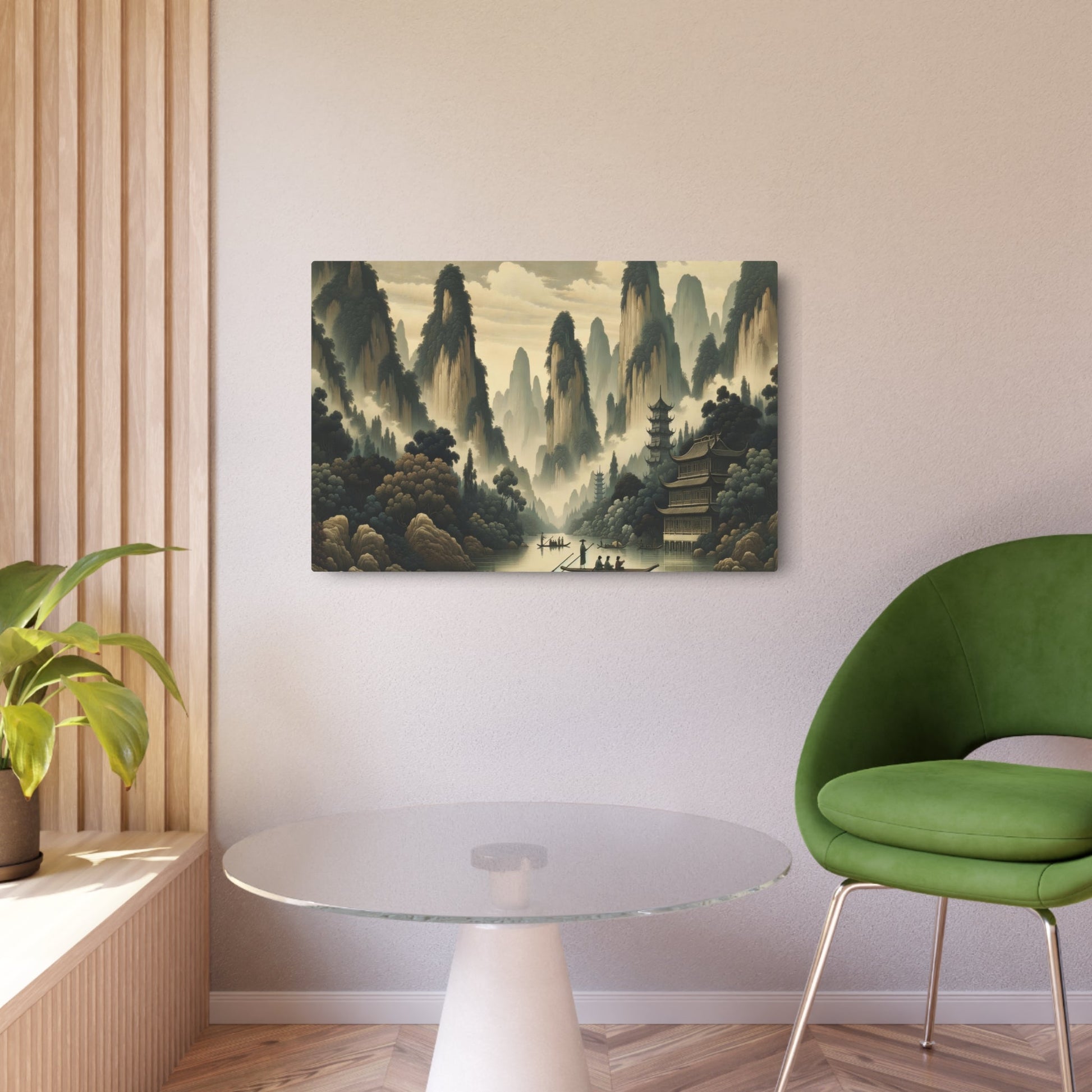 Metal Poster Art | "Traditional Chinese Landscape Artwork with Misty Mountains, Serene River, and Classical Pagodas in Subtle Tones - Asian Art Styles, - Metal Poster Art 36″ x 24″ (Horizontal) 0.12''